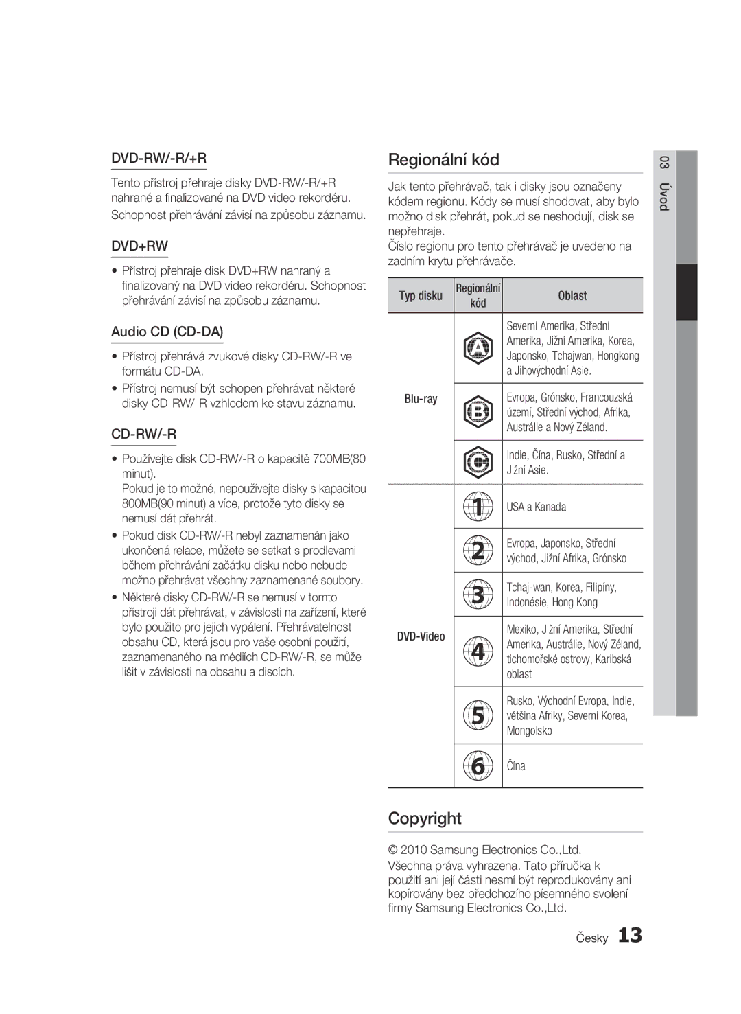 Samsung BD-C8500/EDC, BD-C8200/EDC manual Regionální kód 