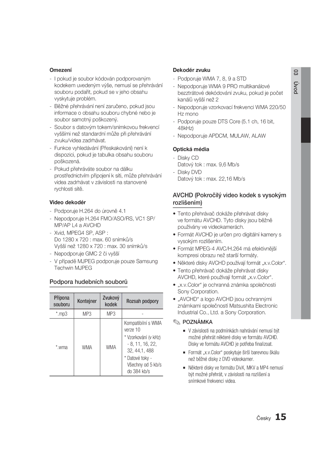 Samsung BD-C8500/EDC, BD-C8200/EDC manual Podpora hudebních souborů, Avchd Pokročilý video kodek s vysokým rozlišením 