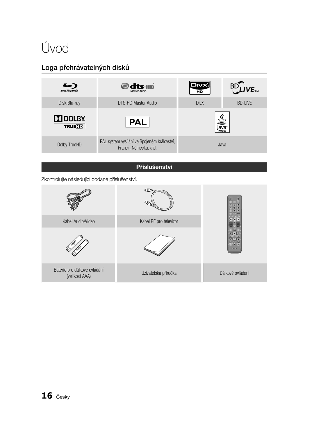 Samsung BD-C8200/EDC, BD-C8500/EDC manual Loga přehrávatelných disků, Příslušenství 