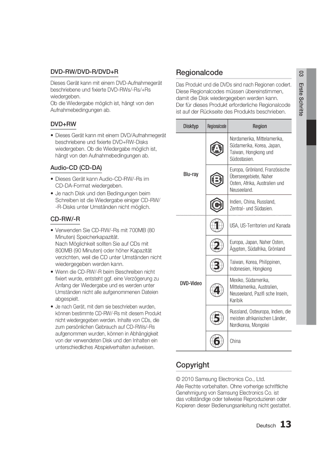 Samsung BD-C8500S/XEG, BD-C8200S/XEG manual Regionalcode, Copyright, Audio-CD CD-DA 