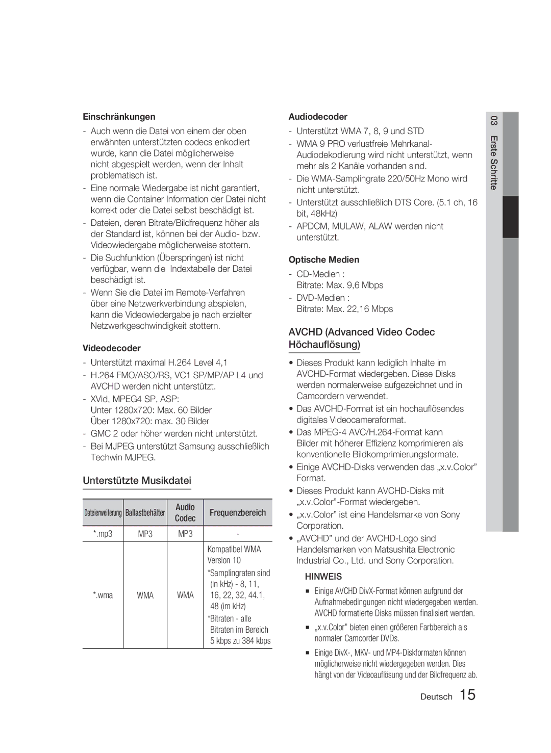 Samsung BD-C8500S/XEG, BD-C8200S/XEG manual Unterstützte Musikdatei, Avchd Advanced Video Codec Höchauflösung 