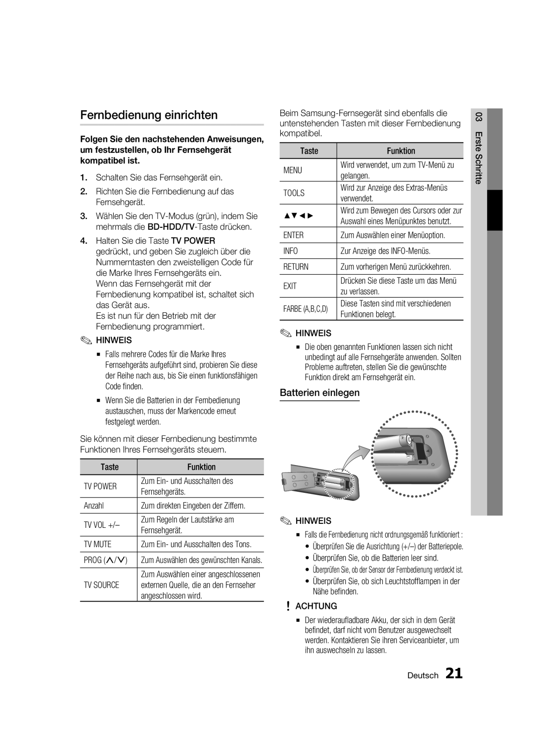 Samsung BD-C8500S/XEG, BD-C8200S/XEG manual Fernbedienung einrichten, Batterien einlegen 