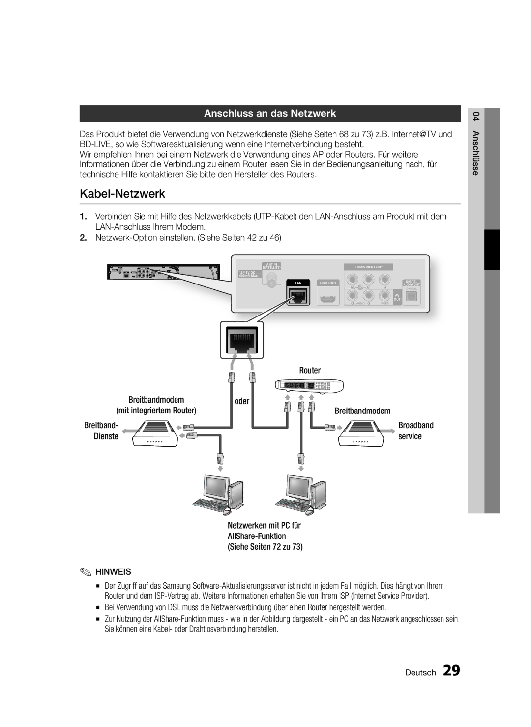 Samsung BD-C8500S/XEG, BD-C8200S/XEG manual Kabel-Netzwerk, Anschluss an das Netzwerk, Dienste Service 