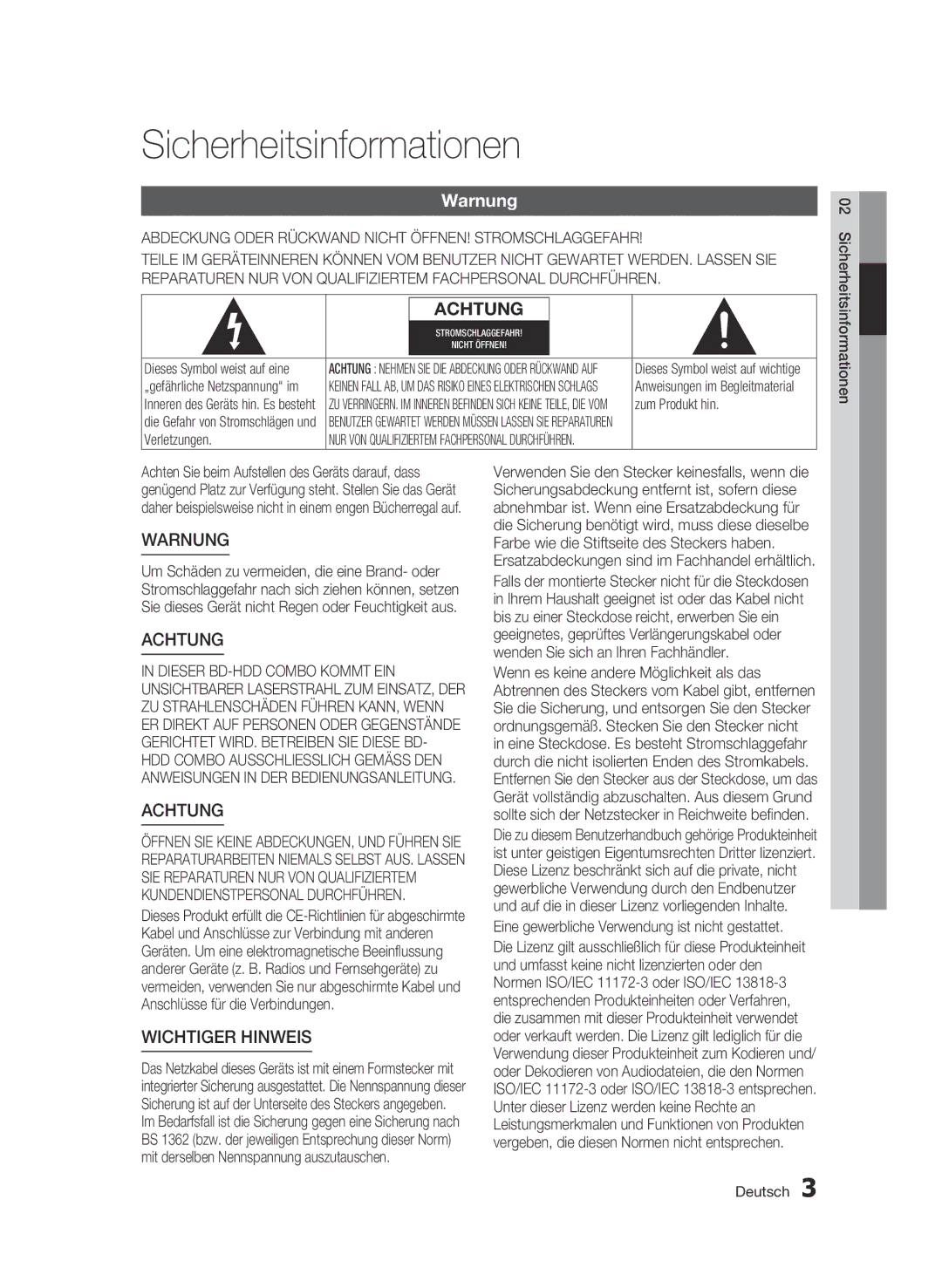 Samsung BD-C8500S/XEG manual Sicherheitsinformationen, Warnung, Abdeckung Oder Rückwand Nicht ÖFFNEN! Stromschlaggefahr 