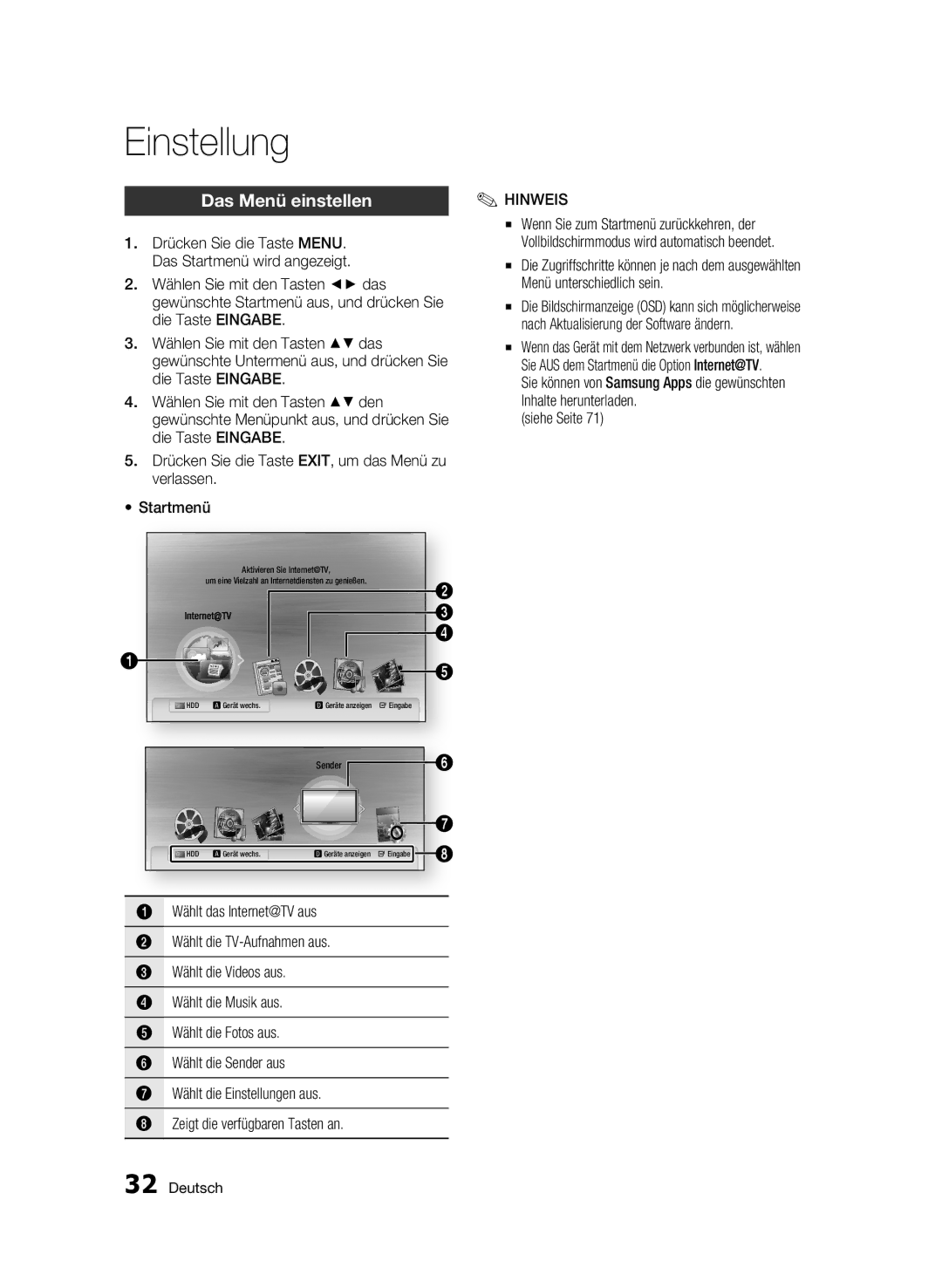 Samsung BD-C8200S/XEG, BD-C8500S/XEG manual Das Menü einstellen, Drücken Sie die Taste MENU. Das Startmenü wird angezeigt 