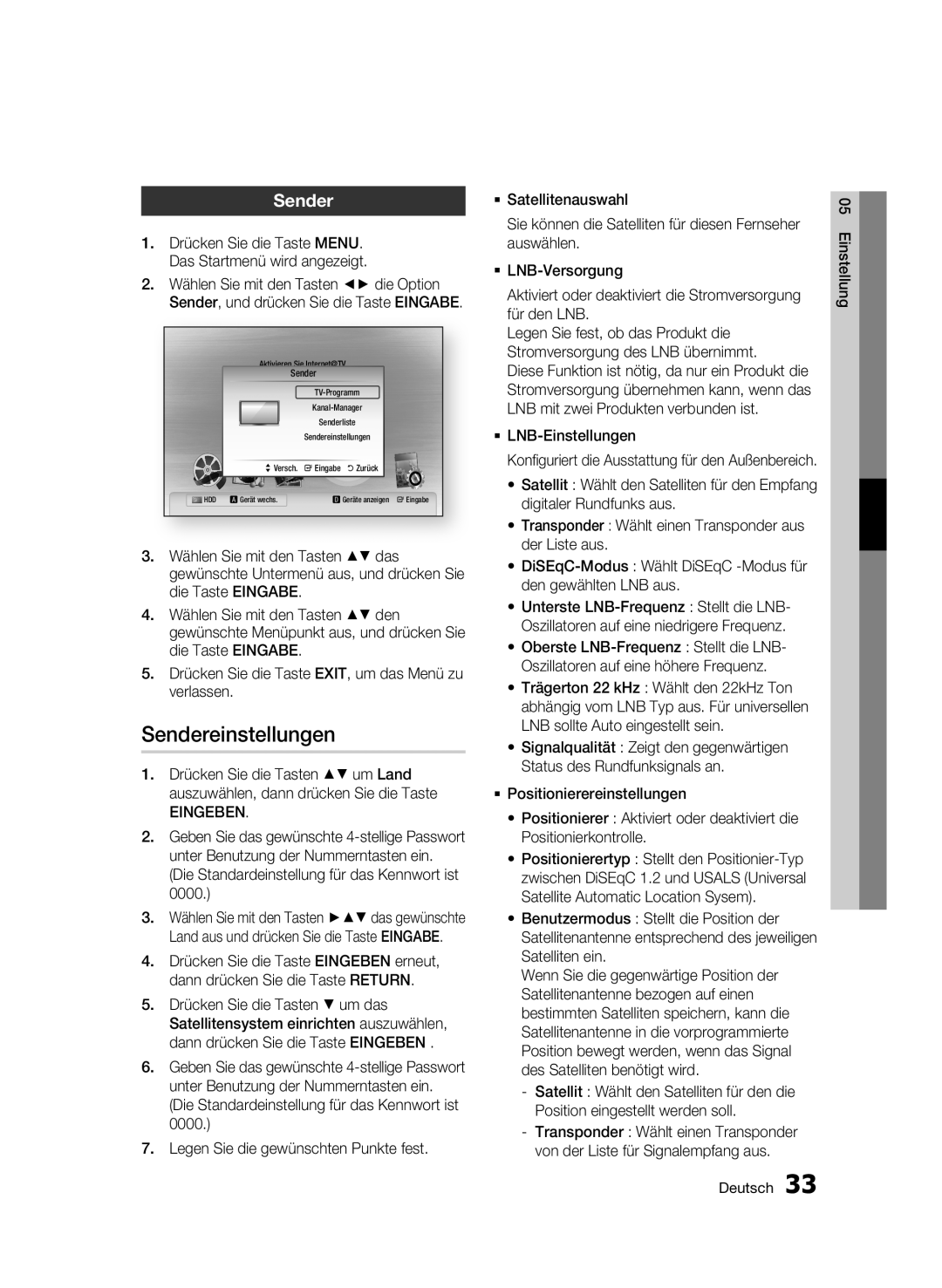 Samsung BD-C8500S/XEG, BD-C8200S/XEG manual Sendereinstellungen, Eingeben,  LNB-Einstellungen 