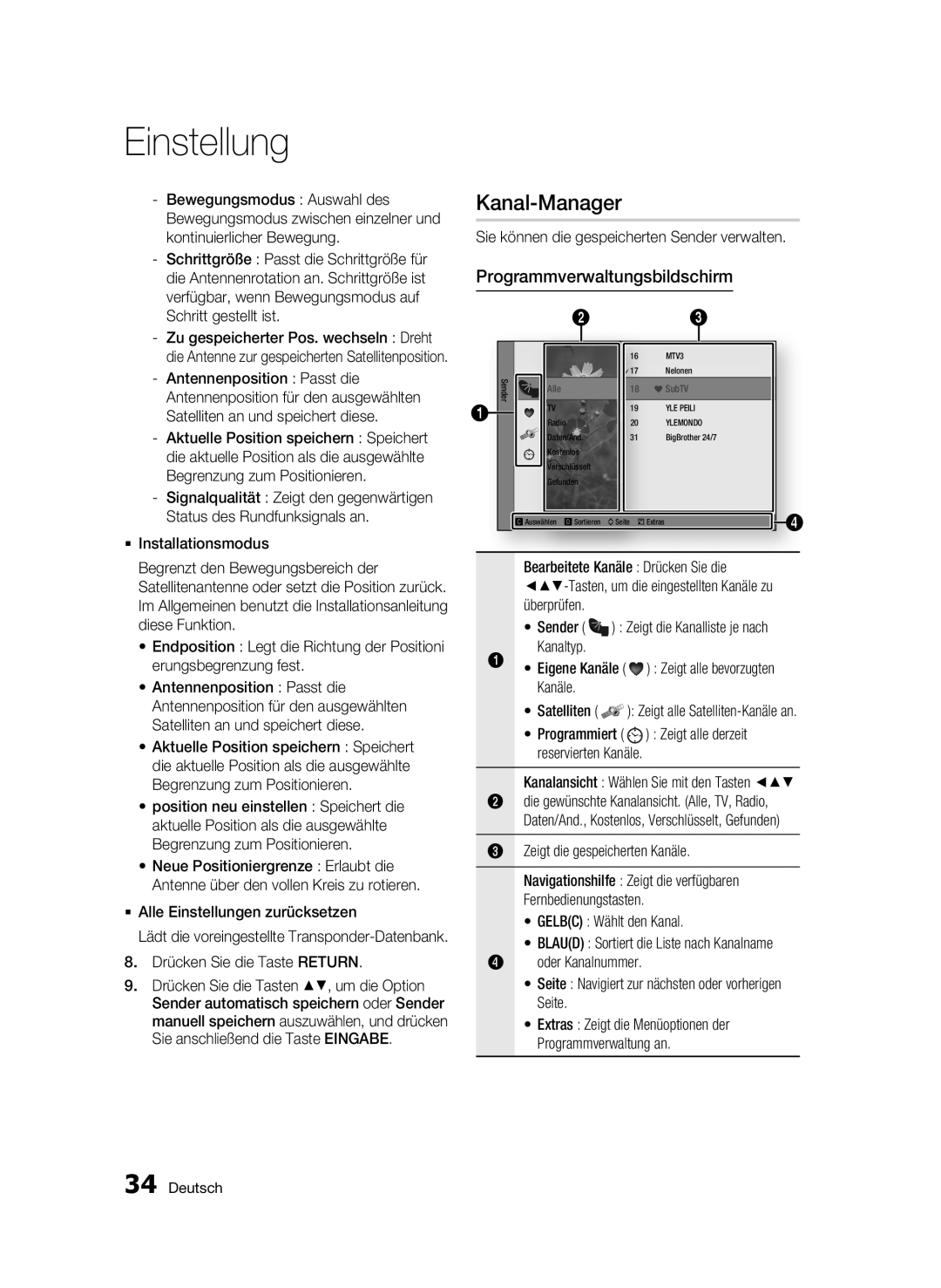 Samsung BD-C8200S/XEG, BD-C8500S/XEG manual Kanal-Manager, Programmverwaltungsbildschirm 