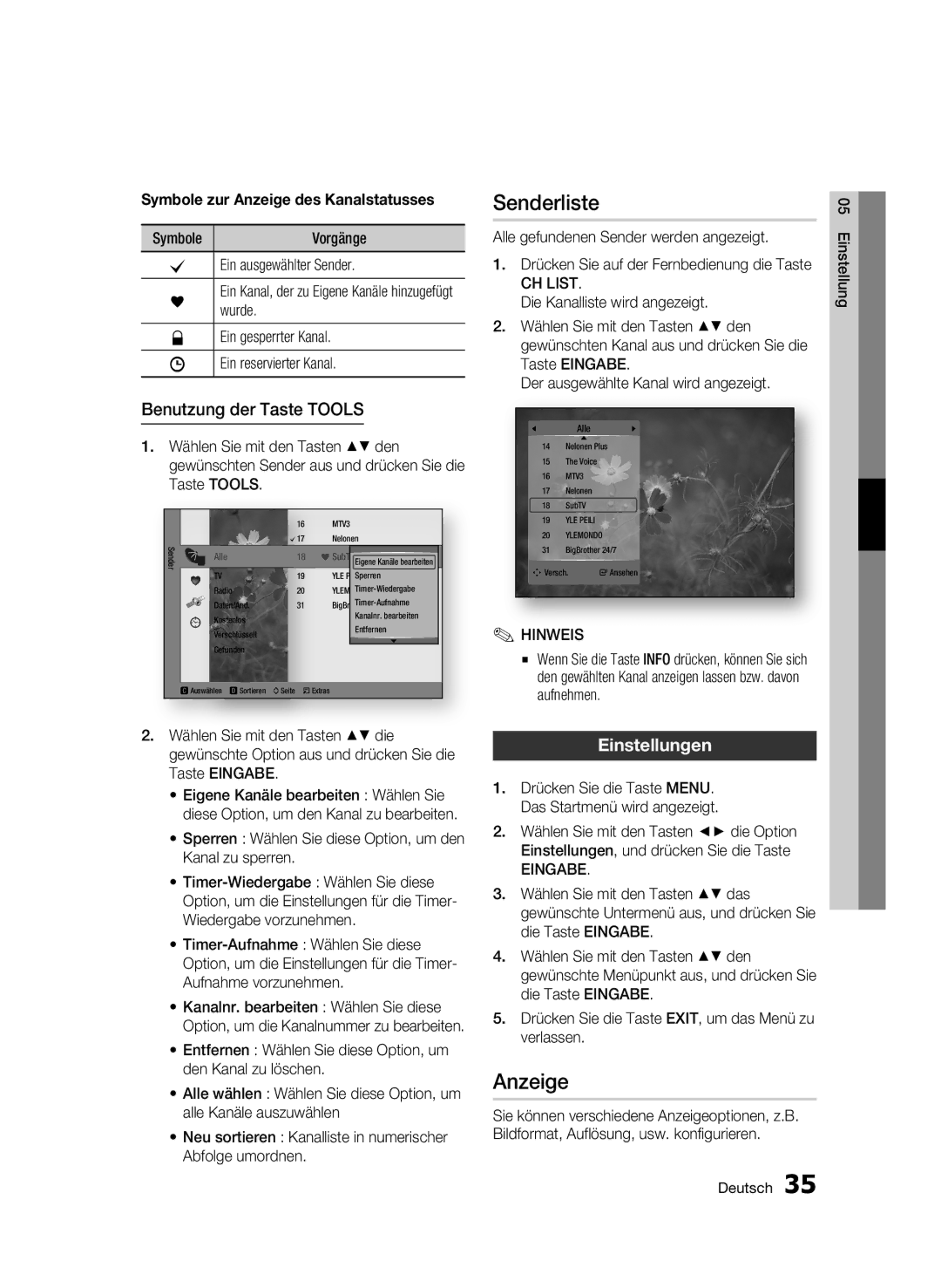 Samsung BD-C8500S/XEG, BD-C8200S/XEG manual Senderliste, Anzeige, Benutzung der Taste Tools, Einstellungen 