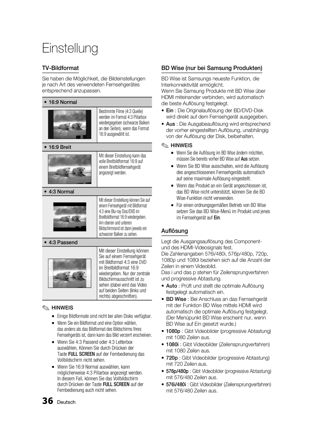 Samsung BD-C8200S/XEG, BD-C8500S/XEG manual TV-Bildformat, BD Wise nur bei Samsung Produkten, Auflösung 