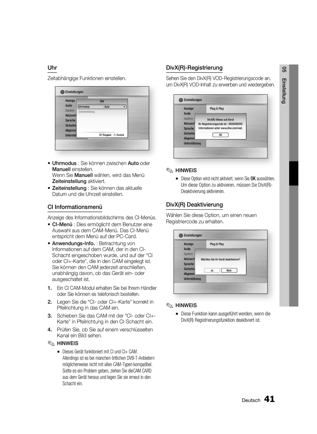 Samsung BD-C8500S/XEG, BD-C8200S/XEG manual Uhr, CI Informationsmenü, DivXR-Registrierung, DivXR Deaktivierung 