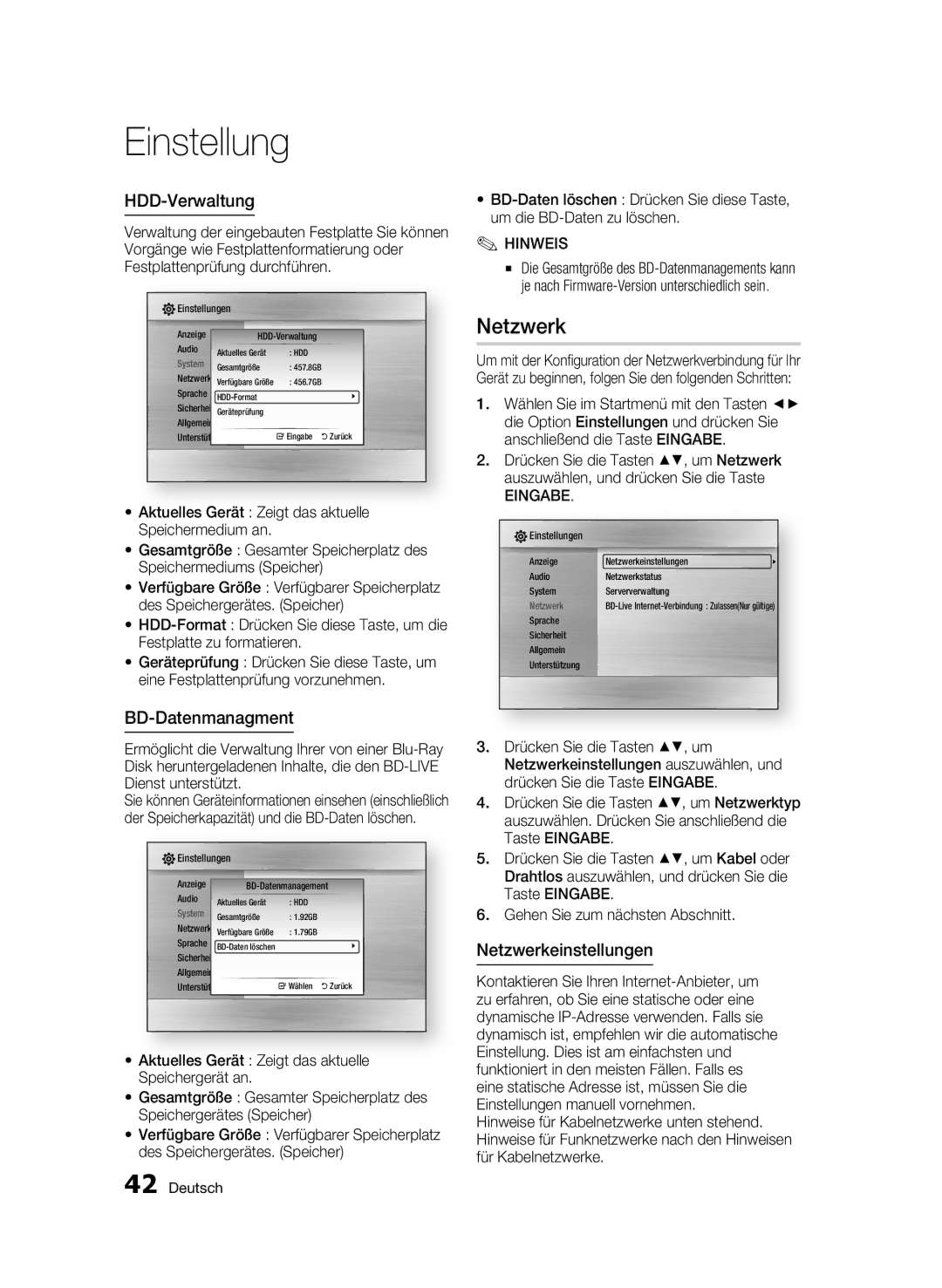 Samsung BD-C8200S/XEG, BD-C8500S/XEG manual HDD-Verwaltung, BD-Datenmanagment, Netzwerkeinstellungen 