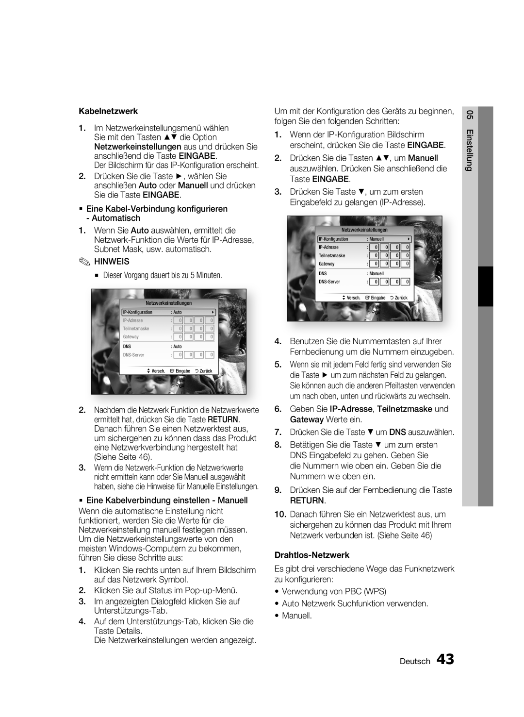 Samsung BD-C8500S/XEG, BD-C8200S/XEG manual Kabelnetzwerk, Dieser Vorgang dauert bis zu 5 Minuten, Drahtlos-Netzwerk 