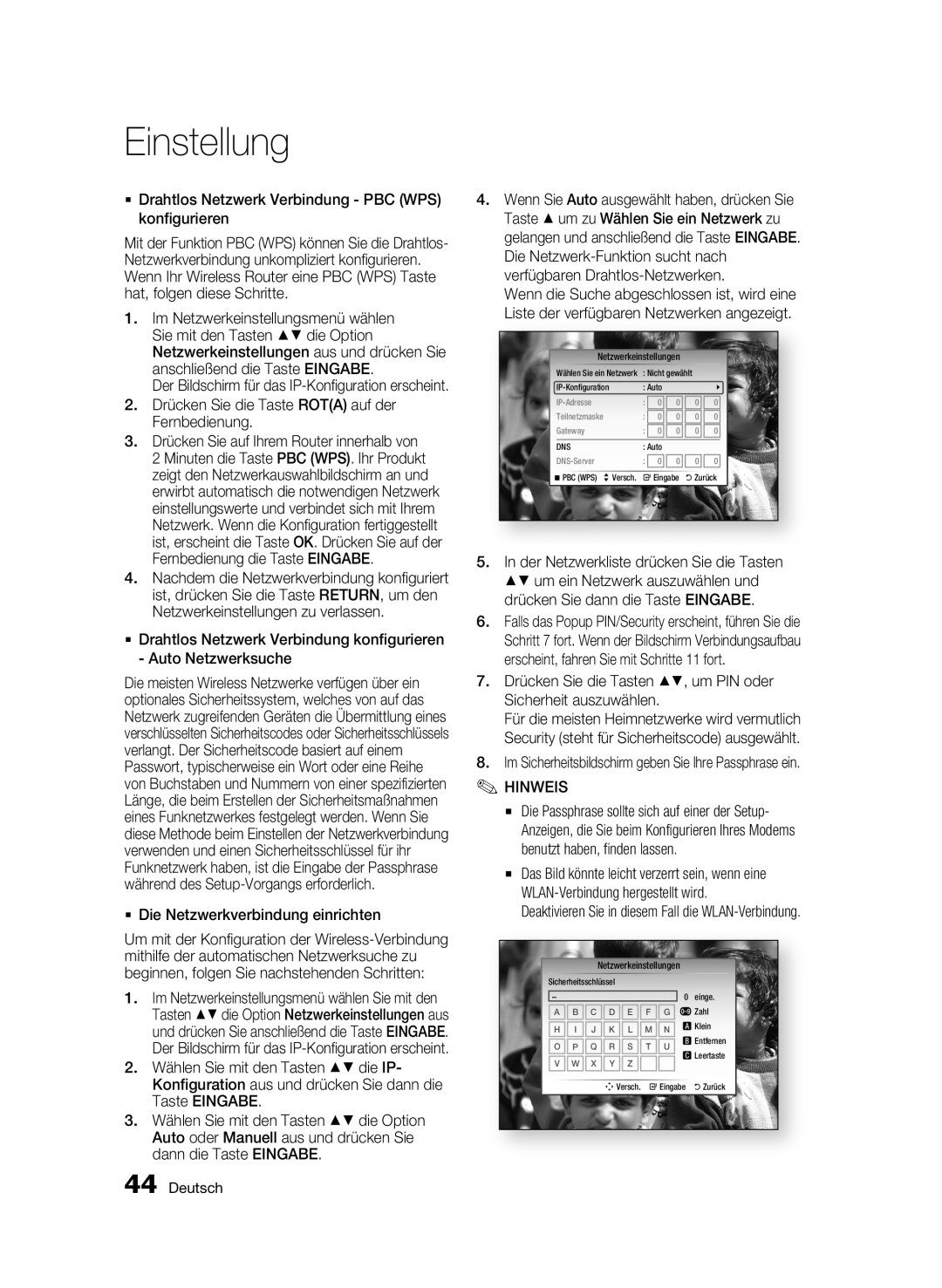 Samsung BD-C8200S/XEG  Die Netzwerkverbindung einrichten, Drücken Sie die Tasten , um PIN oder Sicherheit auszuwählen 