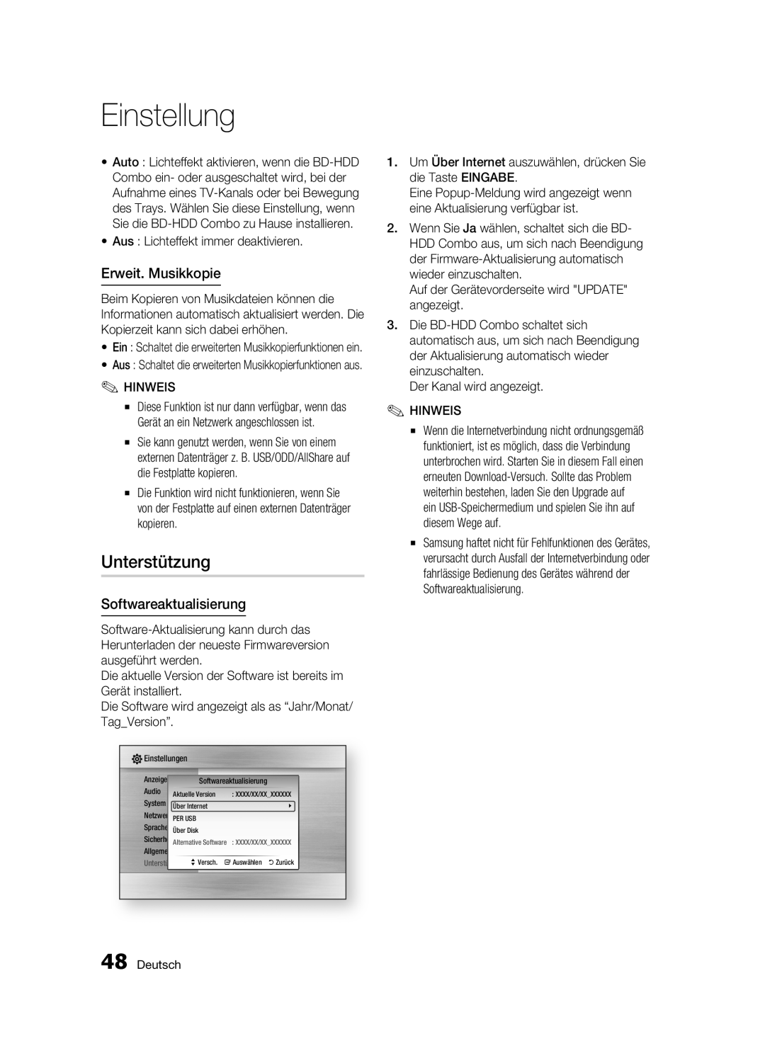 Samsung BD-C8200S/XEG, BD-C8500S/XEG manual Unterstützung, Erweit. Musikkopie, Aus Lichteffekt immer deaktivieren 