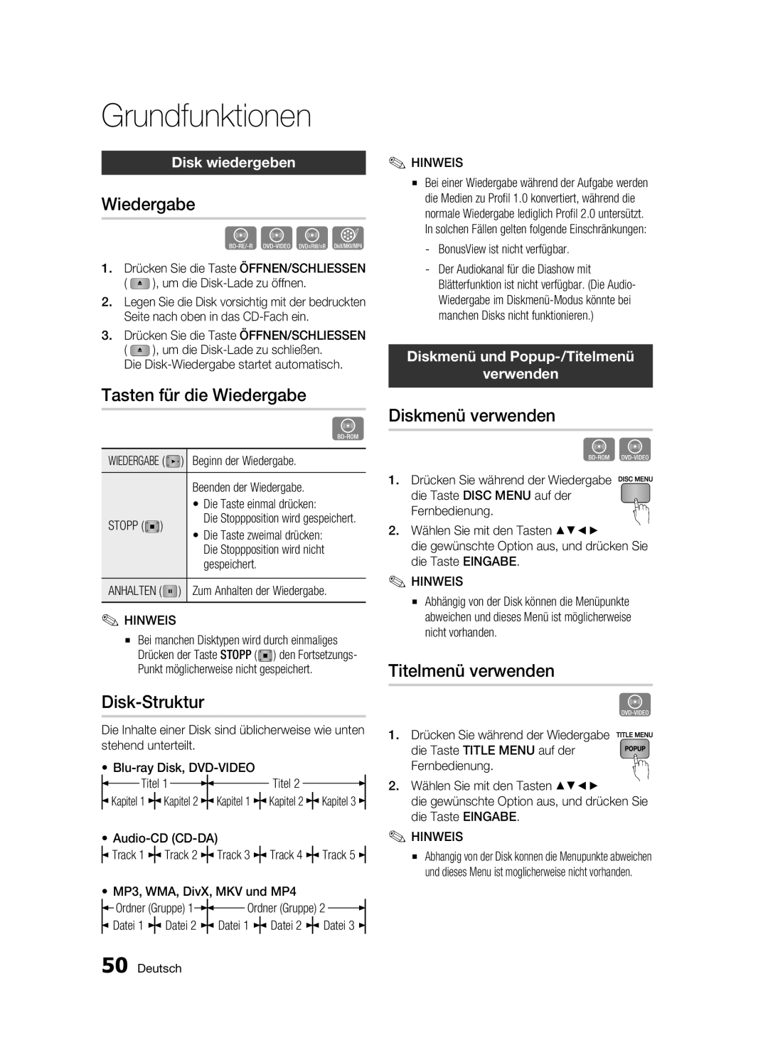 Samsung BD-C8200S/XEG, BD-C8500S/XEG manual Grundfunktionen 