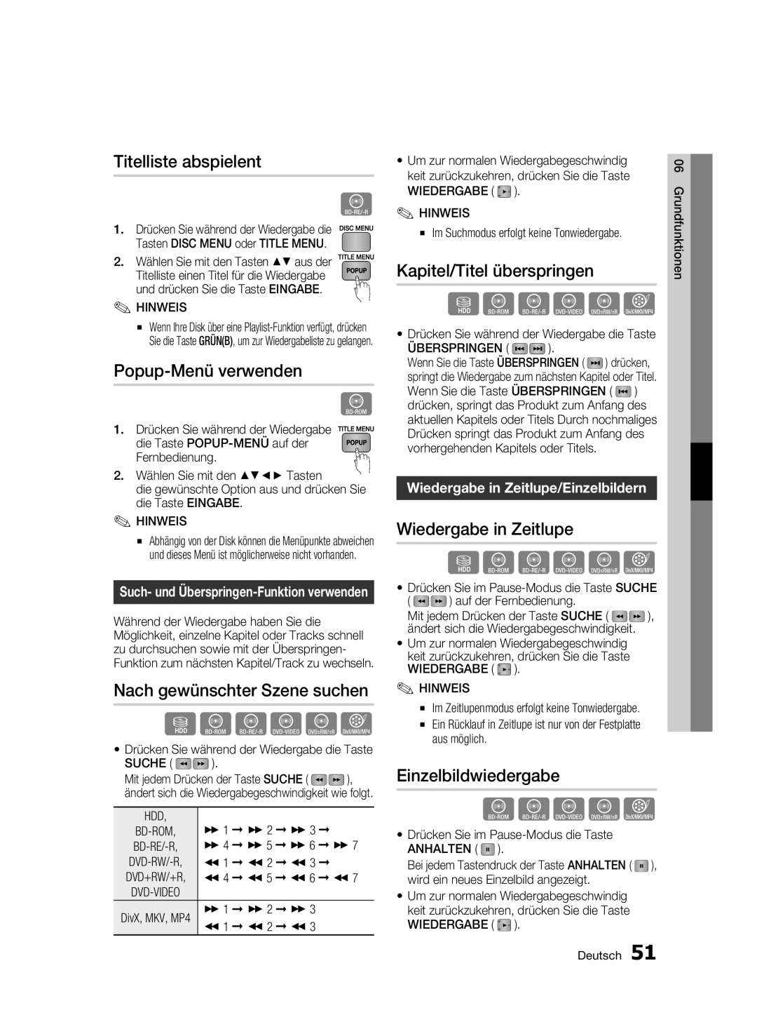 Samsung BD-C8500S/XEG Titelliste abspielent, Popup-Menü verwenden, Nach gewünschter Szene suchen, Wiedergabe in Zeitlupe 