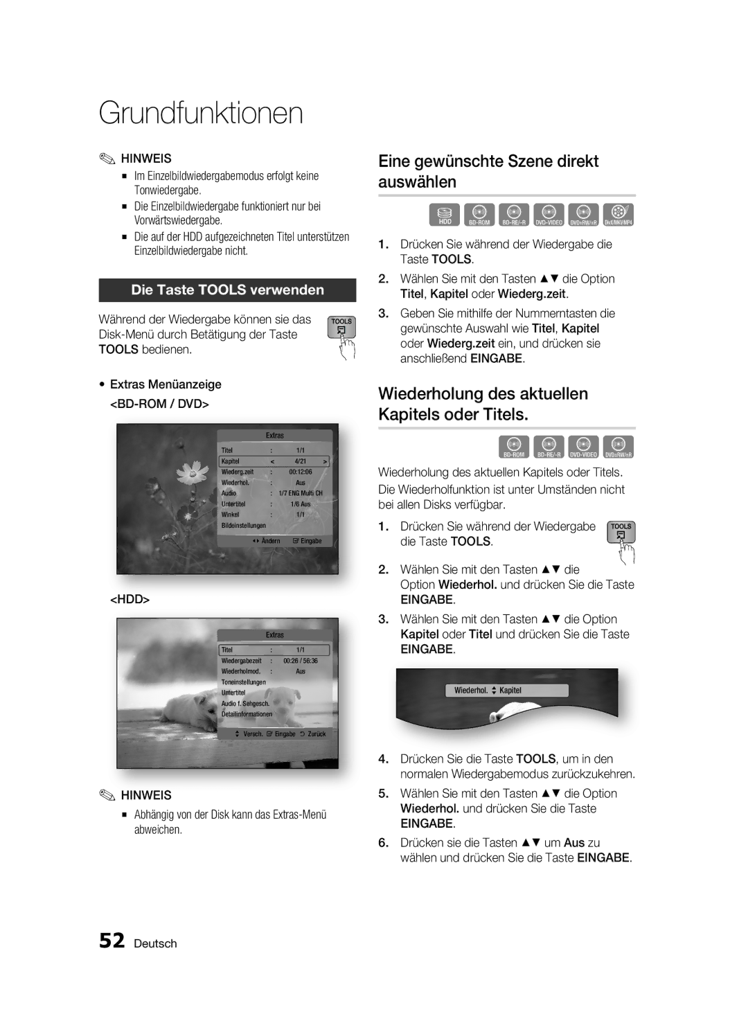 Samsung BD-C8200S/XEG manual Eine gewünschte Szene direkt auswählen, Wiederholung des aktuellen Kapitels oder Titels, Hdd 