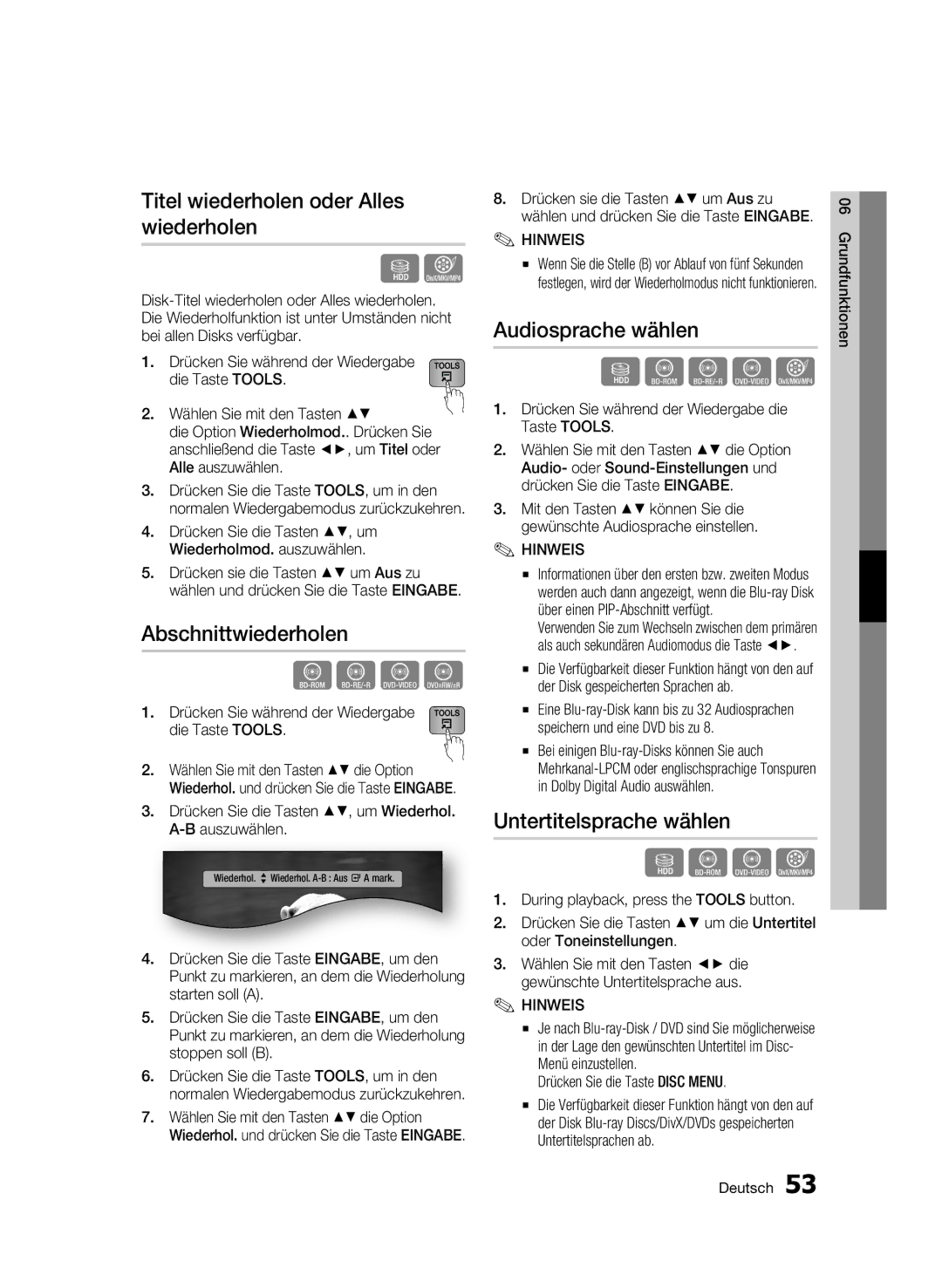 Samsung BD-C8500S/XEG, BD-C8200S/XEG Titel wiederholen oder Alles wiederholen, Abschnittwiederholen, Audiosprache wählen 