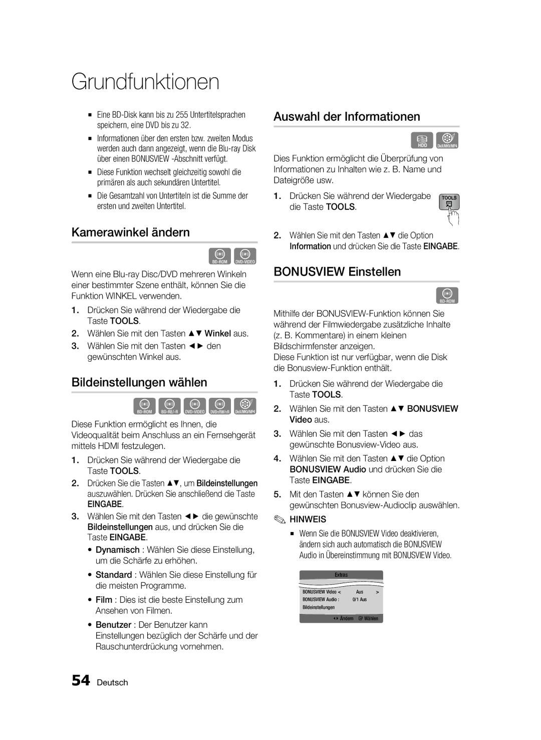 Samsung BD-C8200S/XEG manual Kamerawinkel ändern, Bildeinstellungen wählen, Auswahl der Informationen, Bonusview Einstellen 