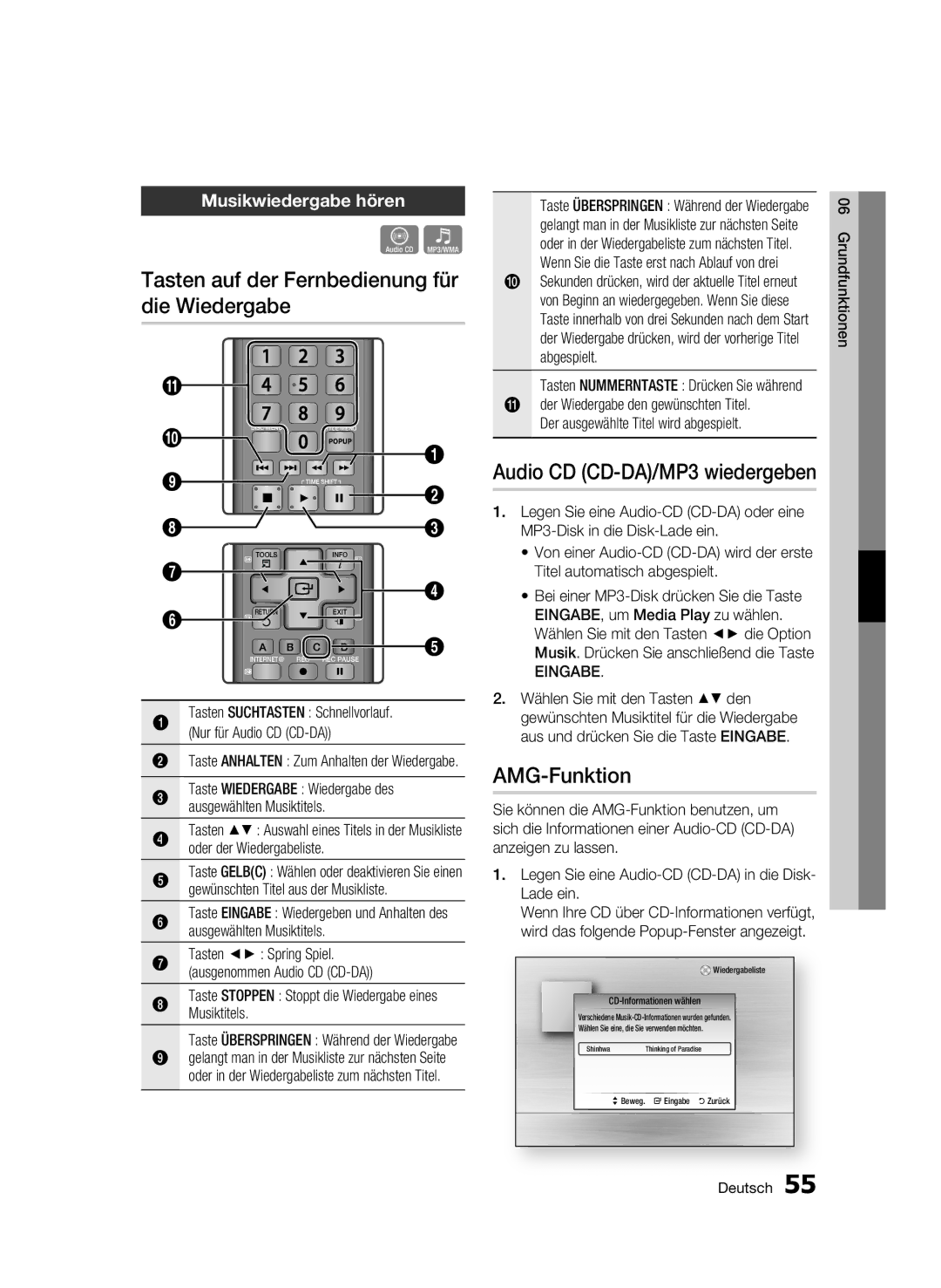 Samsung BD-C8500S/XEG, BD-C8200S/XEG Tasten auf der Fernbedienung für die Wiedergabe, AMG-Funktion, Musikwiedergabe hören 