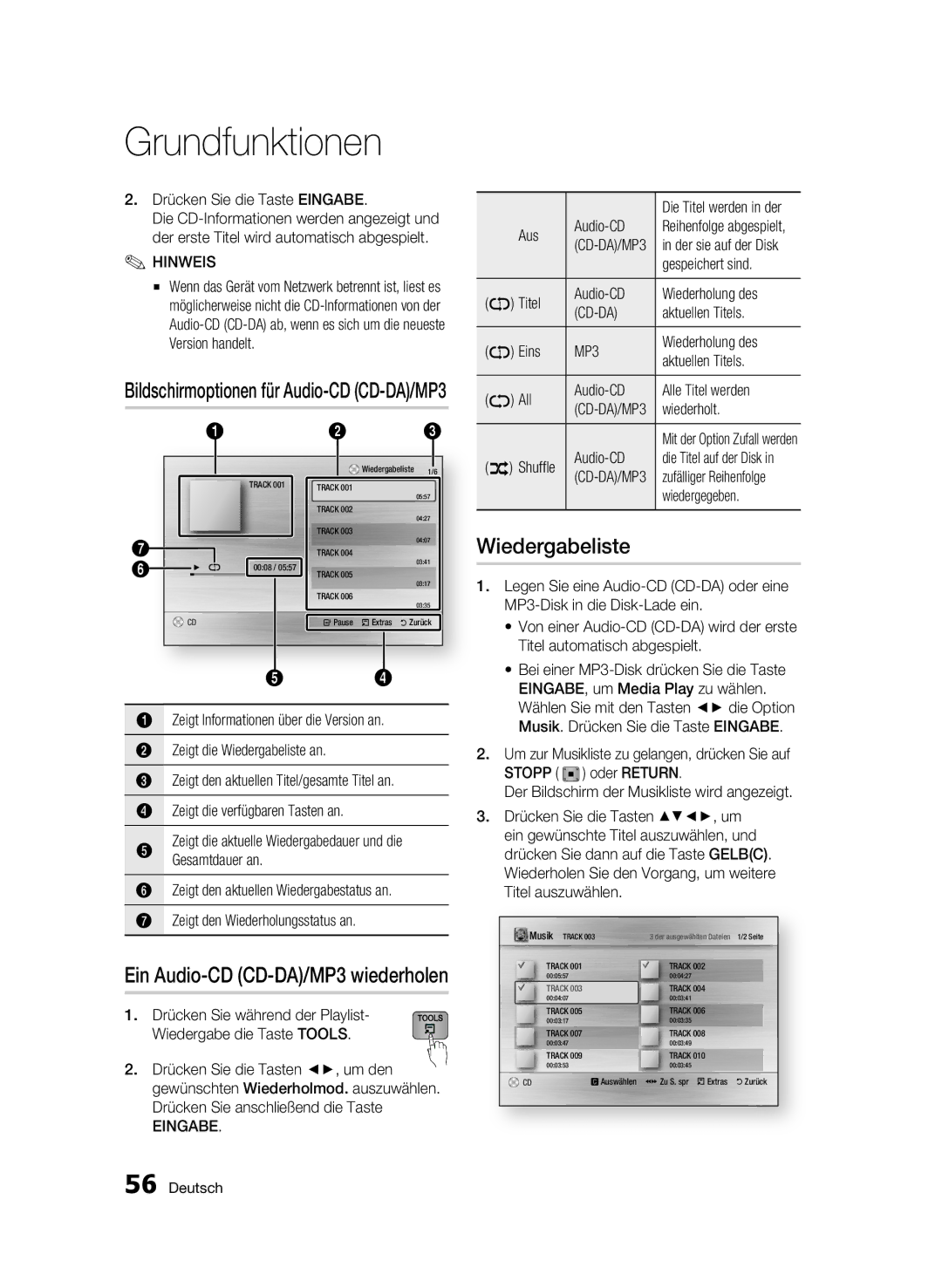 Samsung BD-C8200S/XEG, BD-C8500S/XEG manual Wiedergabeliste, Cd-Da, MP3 