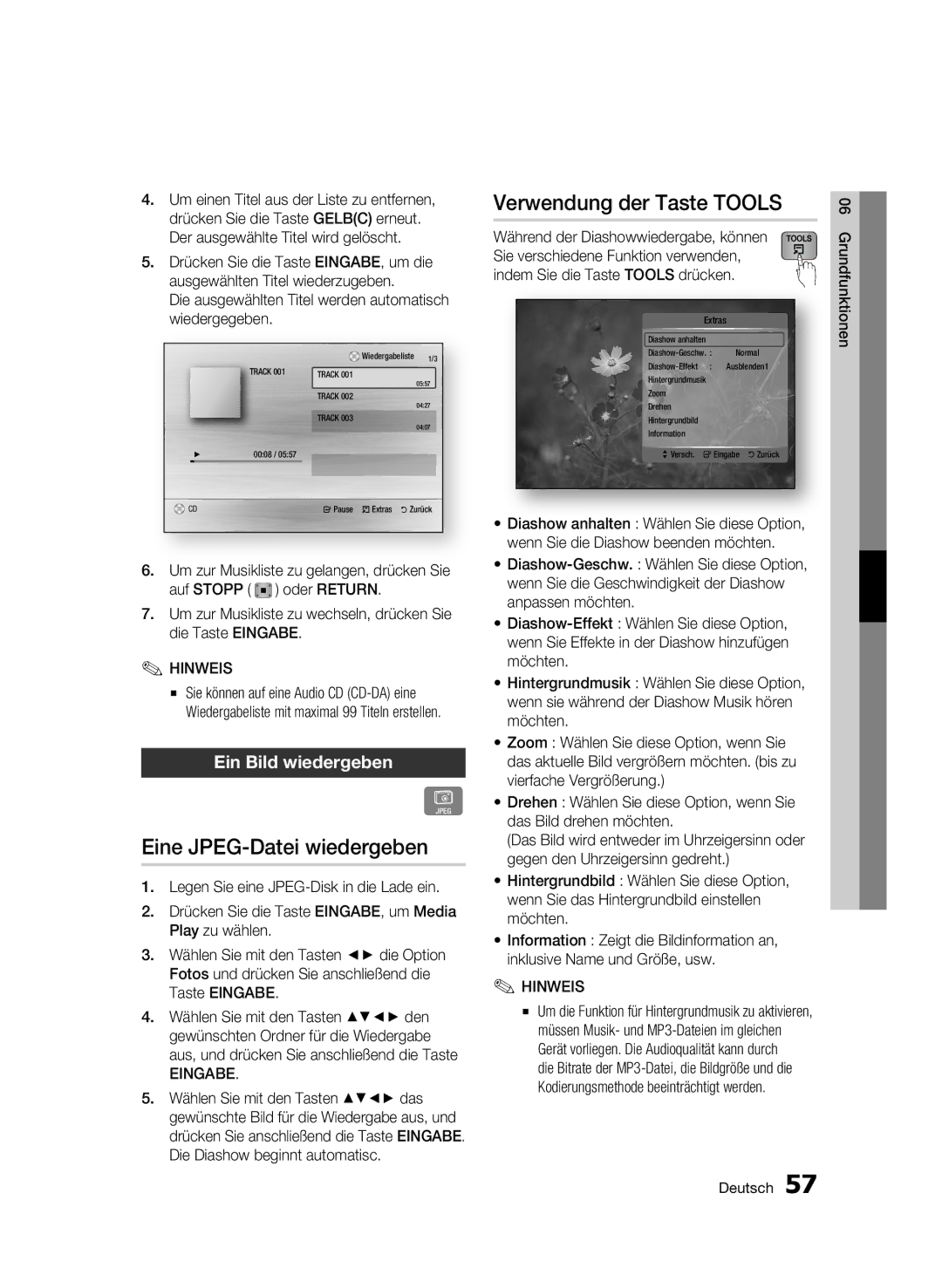 Samsung BD-C8500S/XEG, BD-C8200S/XEG manual Eine JPEG-Datei wiedergeben, Verwendung der Taste Tools, Ein Bild wiedergeben 