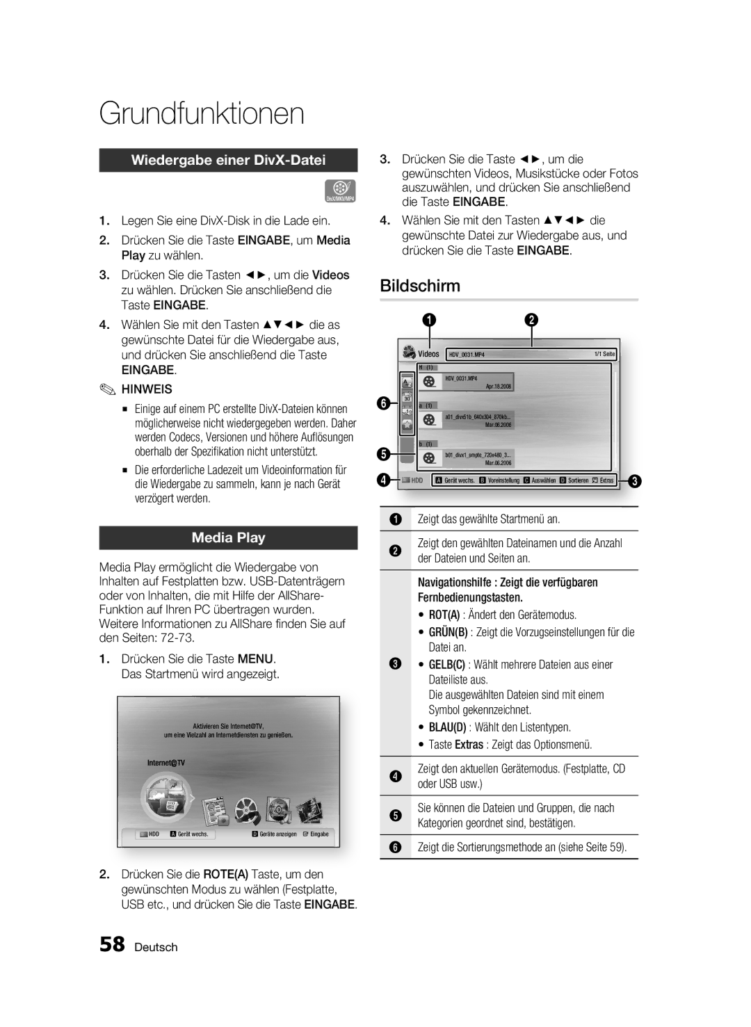 Samsung BD-C8200S/XEG, BD-C8500S/XEG manual Bildschirm, Wiedergabe einer DivX-Datei, Media Play, Eingabe Hinweis 