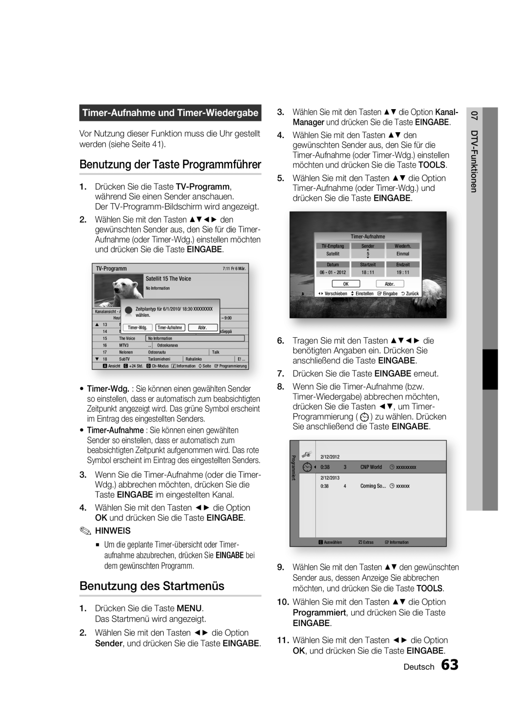 Samsung BD-C8500S/XEG Benutzung des Startmenüs, Timer-Aufnahme und Timer-Wiedergabe, Drücken Sie die Taste Eingabe erneut 