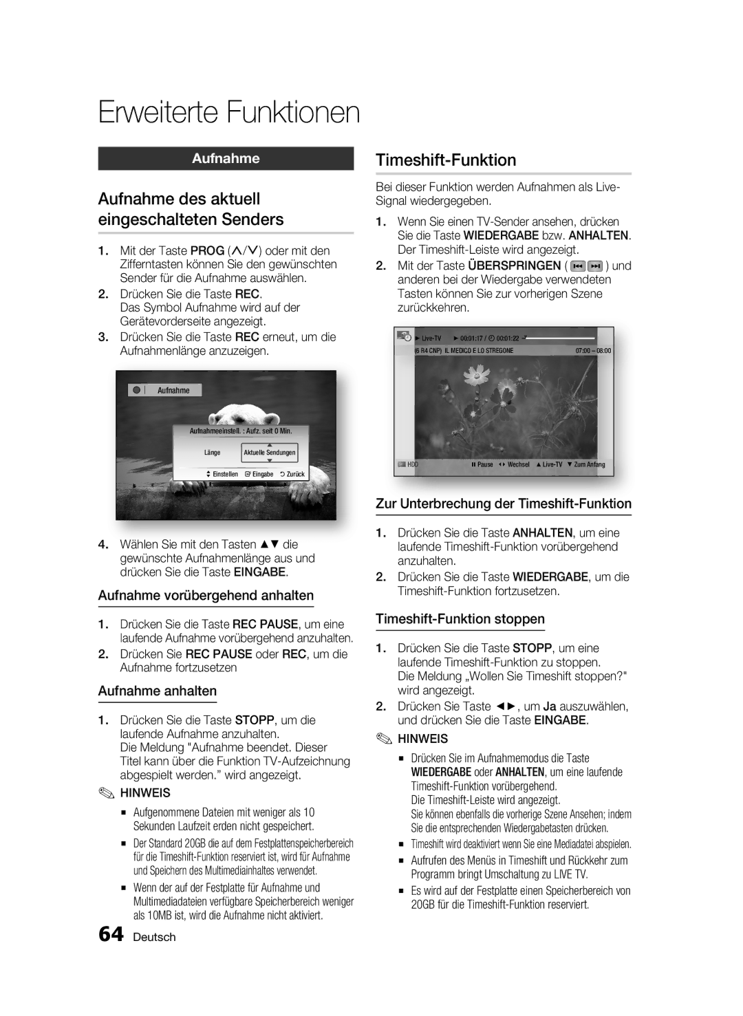 Samsung BD-C8200S/XEG, BD-C8500S/XEG manual Aufnahme des aktuell eingeschalteten Senders, Timeshift-Funktion 