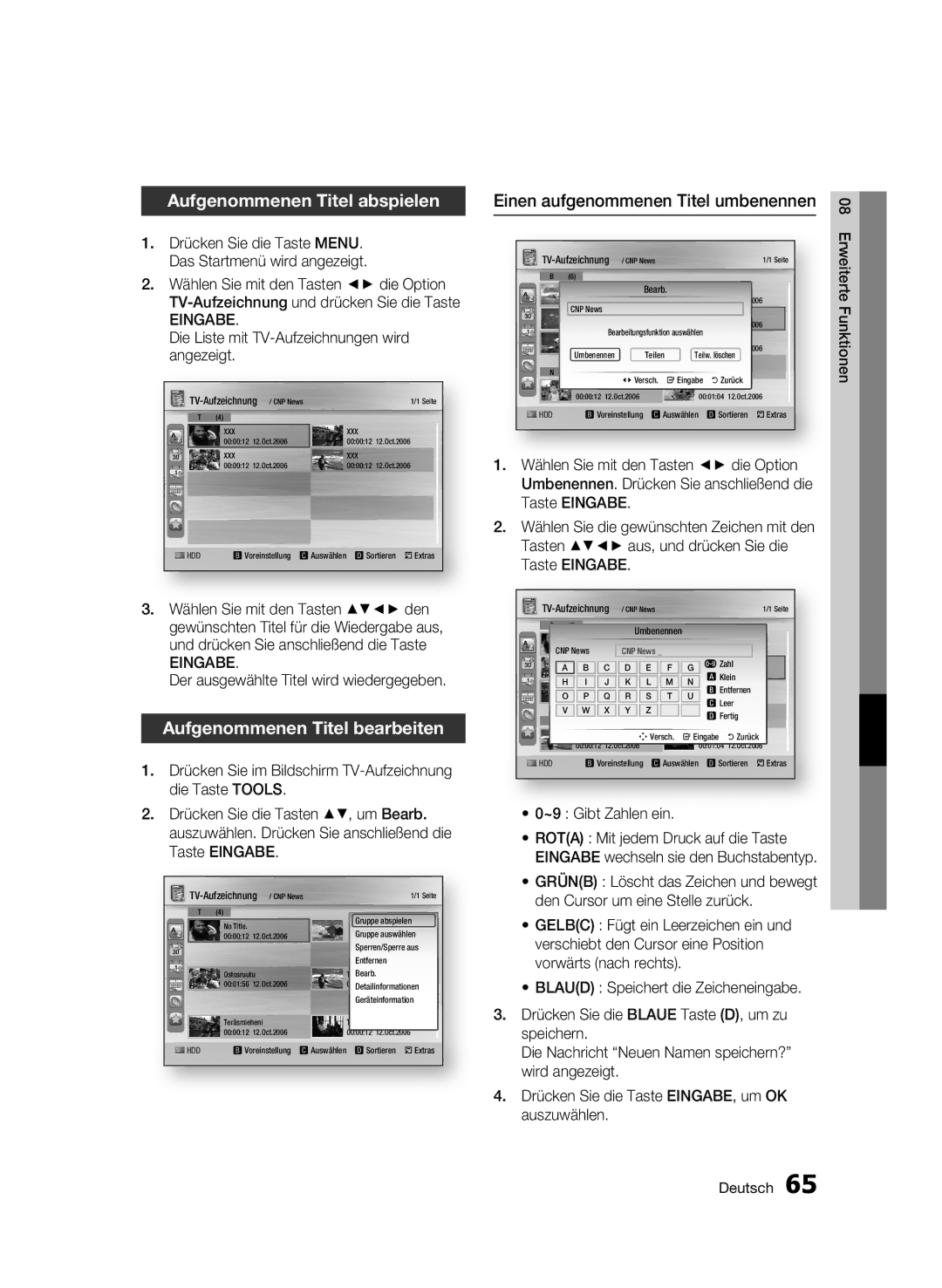 Samsung BD-C8500S/XEG, BD-C8200S/XEG manual Aufgenommenen Titel abspielen, Aufgenommenen Titel bearbeiten 