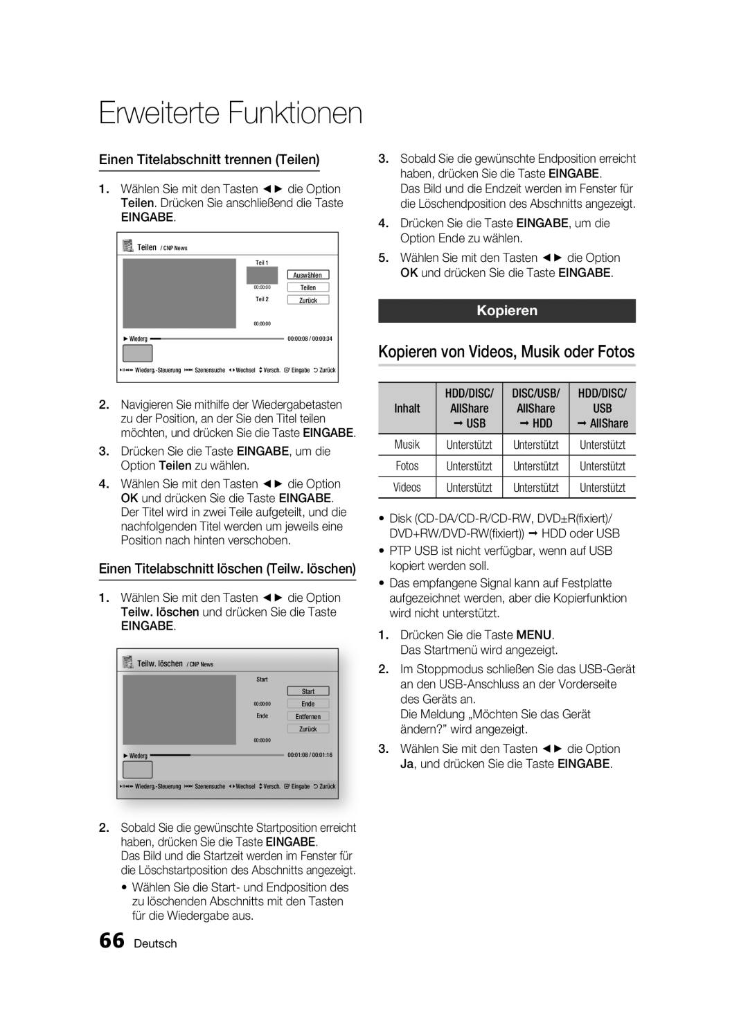 Samsung BD-C8200S/XEG, BD-C8500S/XEG Kopieren von Videos, Musik oder Fotos, Einen Titelabschnitt trennen Teilen, Usb Hdd 