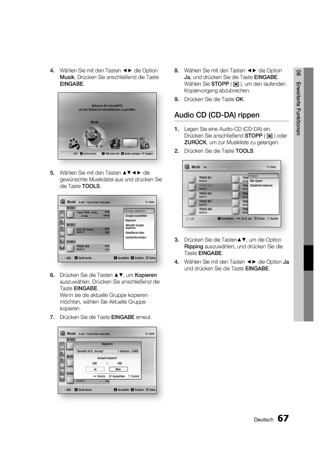 Samsung BD-C8500S/XEG manual Audio CD CD-DA rippen, Wählen Sie mit den Tasten die, Drücken Sie die Tasten , um Kopieren 