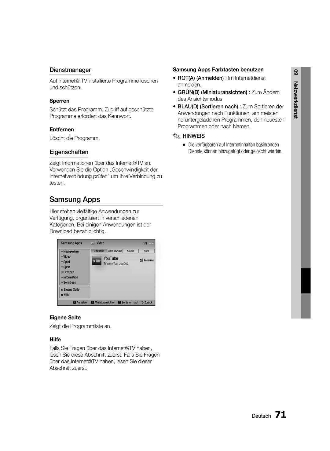 Samsung BD-C8500S/XEG, BD-C8200S/XEG manual Samsung Apps, Dienstmanager, Eigenschaften 