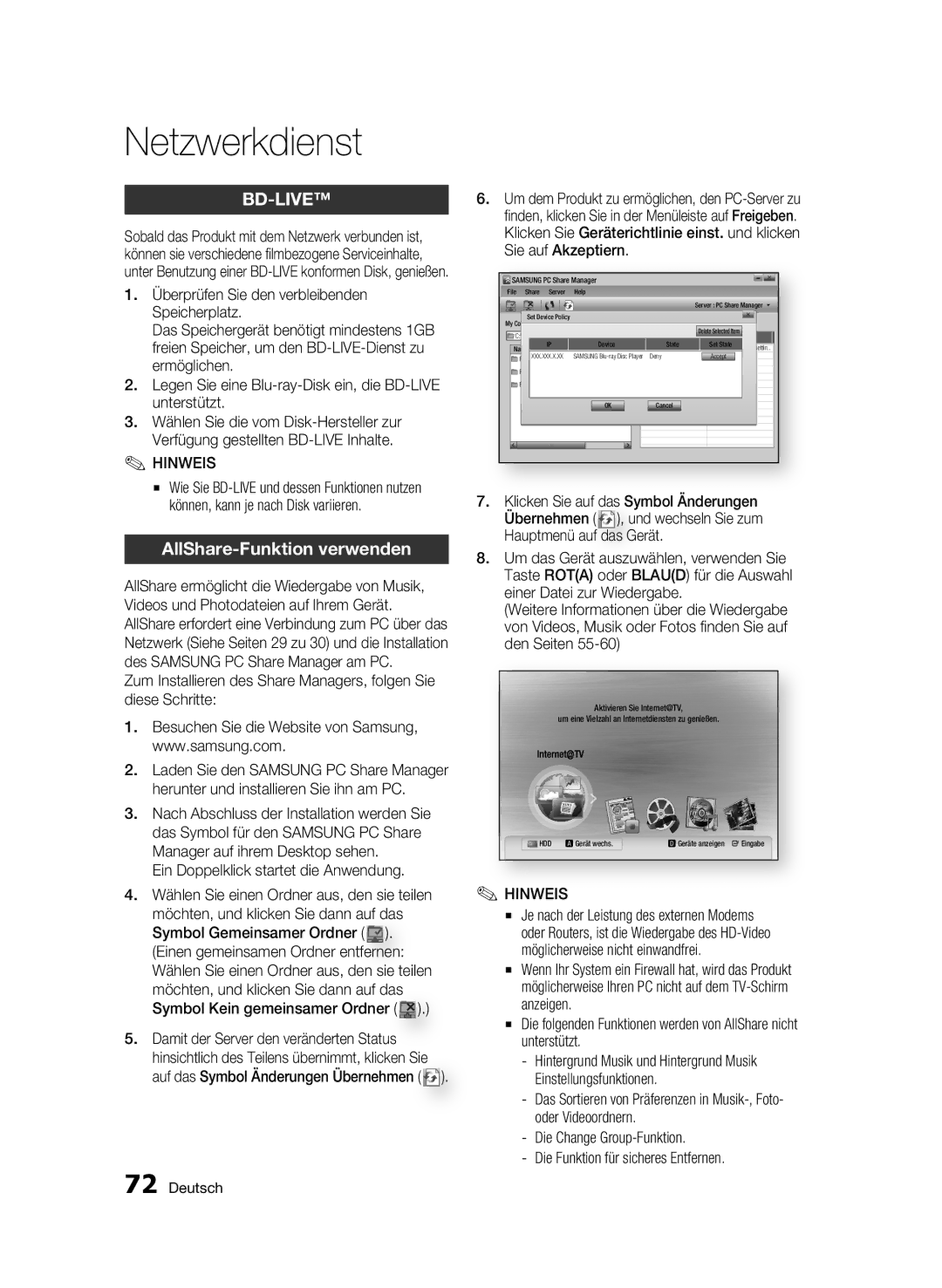 Samsung BD-C8200S/XEG, BD-C8500S/XEG manual AllShare-Funktion verwenden, Ein Doppelklick startet die Anwendung 