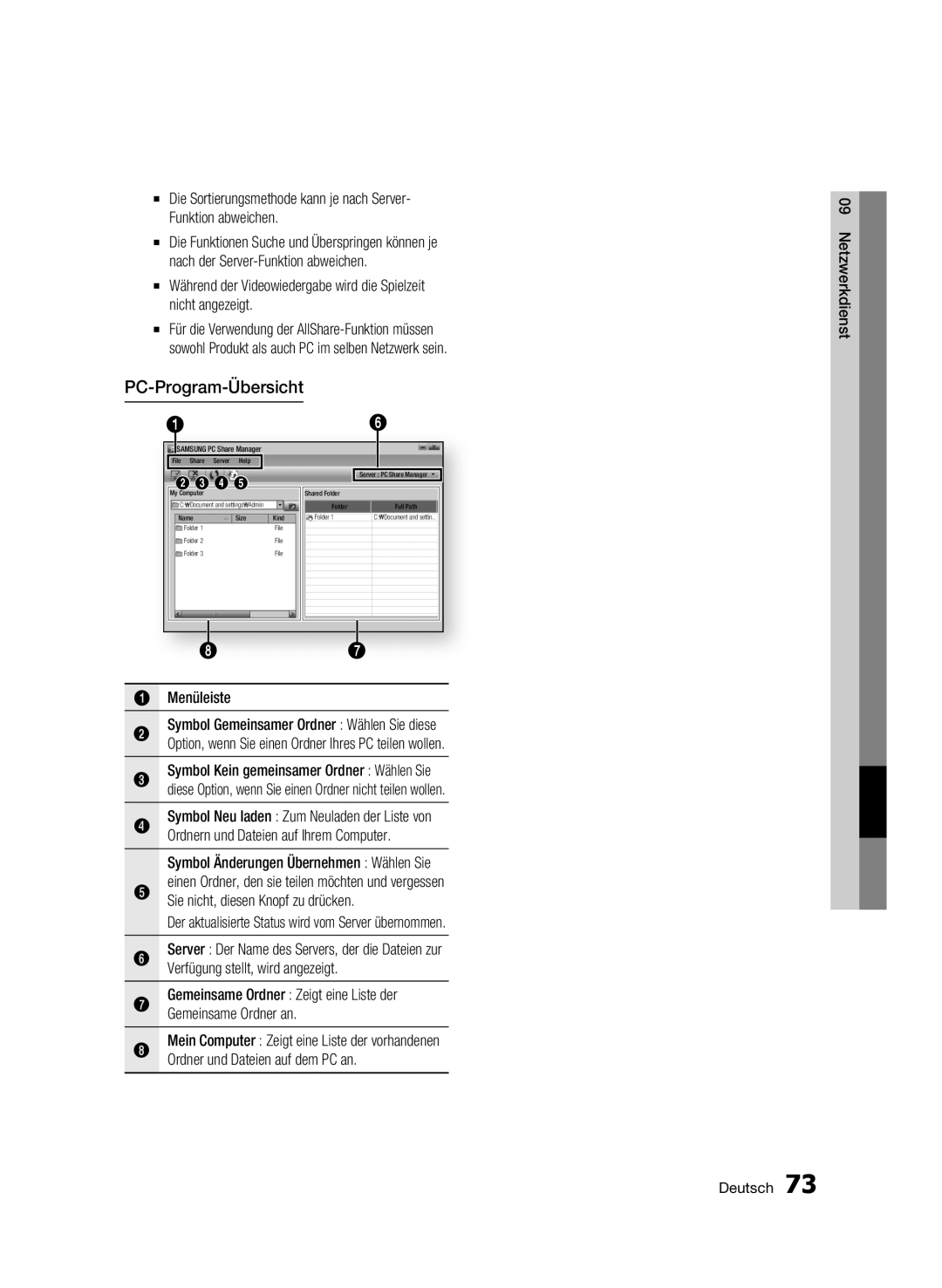 Samsung BD-C8500S/XEG, BD-C8200S/XEG manual PC-Program-Übersicht, Menüleiste Symbol Gemeinsamer Ordner Wählen Sie diese 