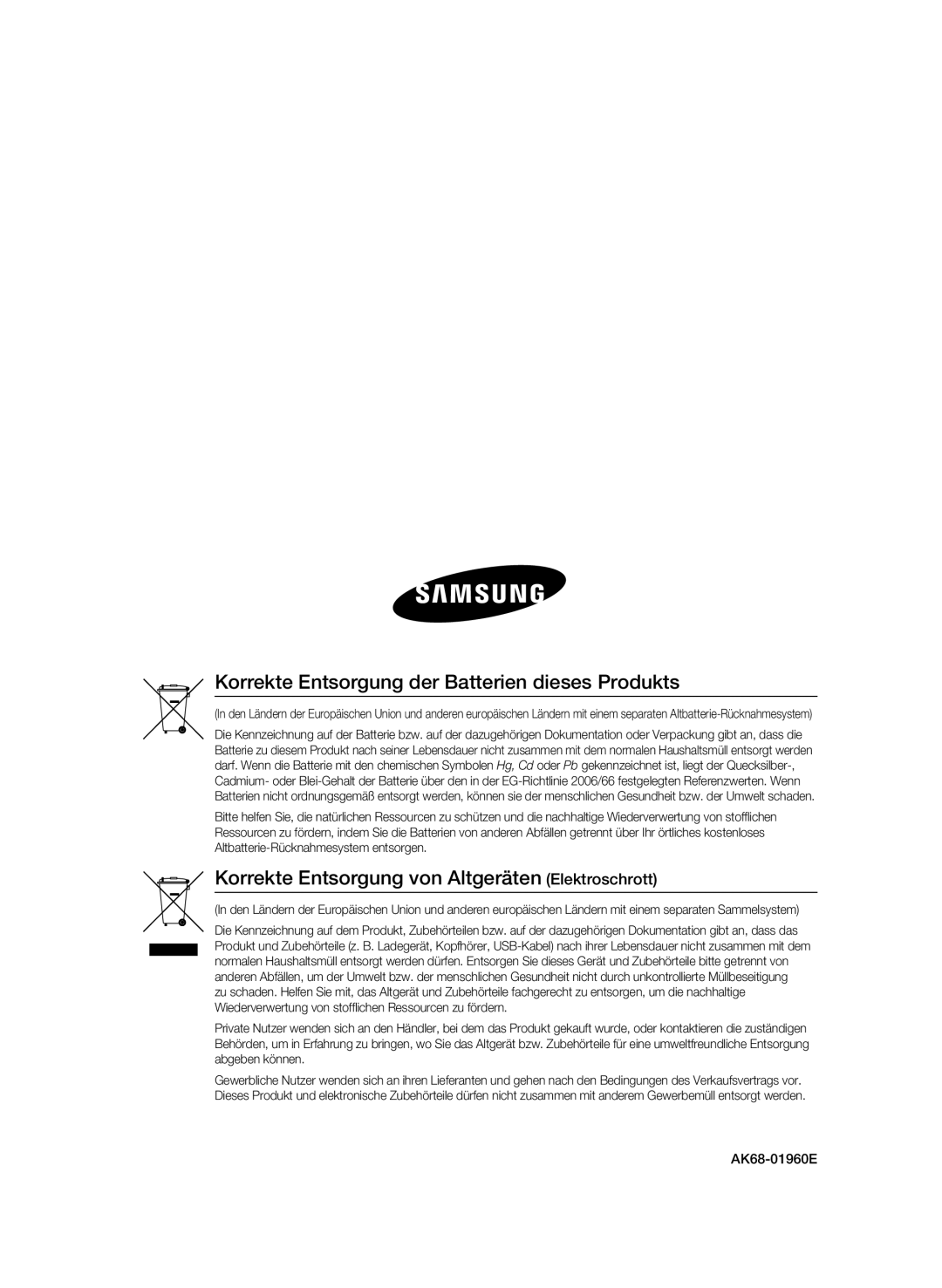 Samsung BD-C8500S/XEG, BD-C8200S/XEG manual Korrekte Entsorgung der Batterien dieses Produkts, AK68-01960E 