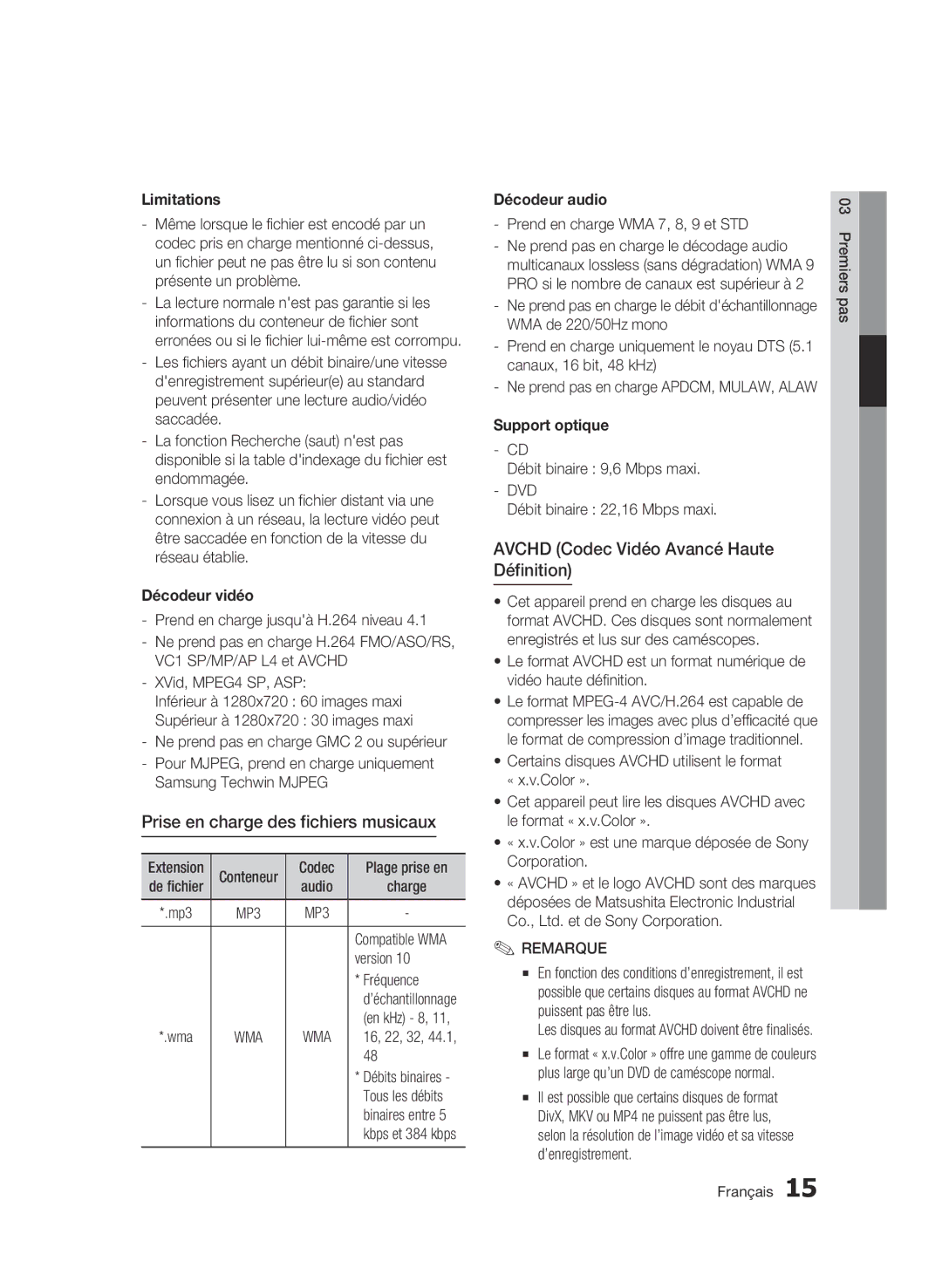 Samsung BD-C8500/XEF, BD-C8200/XEF manual Prise en charge des fichiers musicaux, Avchd Codec Vidéo Avancé Haute Définition 