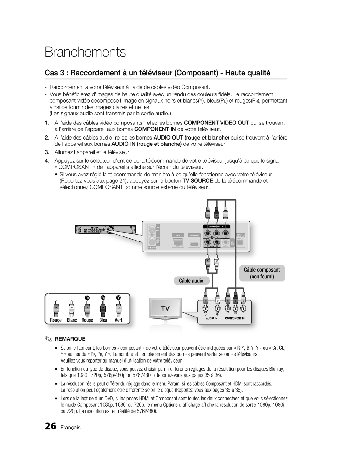 Samsung BD-C8200/XEF, BD-C8500/XEF manual Cas 3 Raccordement à un téléviseur Composant Haute qualité 