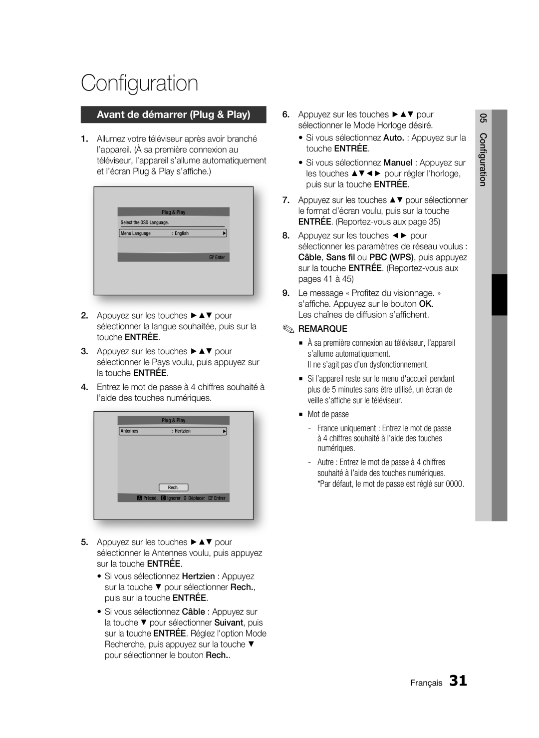 Samsung BD-C8500/XEF Configuration, Avant de démarrer Plug & Play, Il ne s’agit pas d’un dysfonctionnement, Mot de passe 