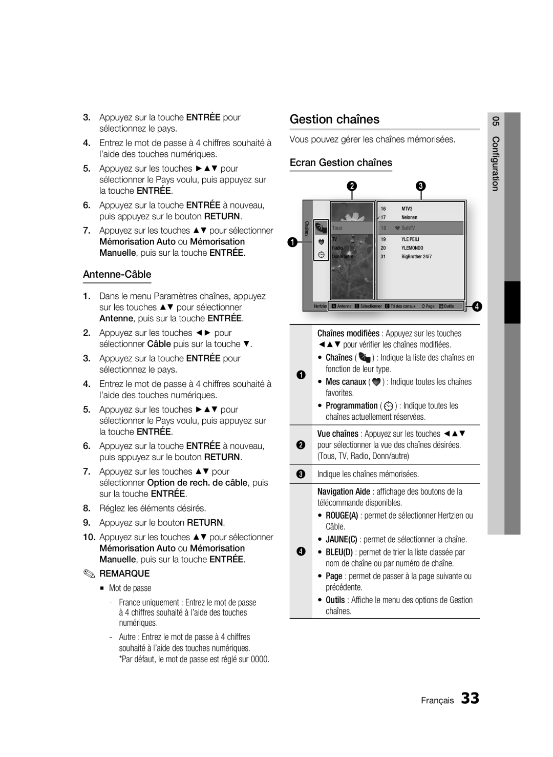 Samsung BD-C8500/XEF, BD-C8200/XEF manual Gestion chaînes, Antenne-Câble, Indique les chaînes mémorisées 