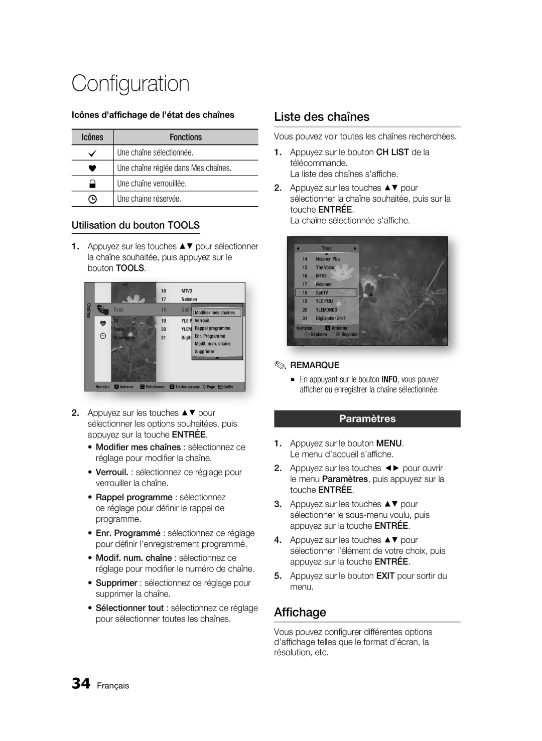 Samsung BD-C8200/XEF, BD-C8500/XEF manual Liste des chaînes, Affichage, Utilisation du bouton Tools, Paramètres 