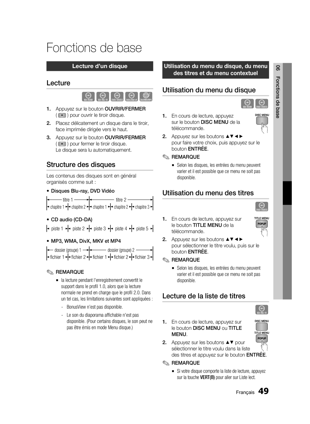 Samsung BD-C8500/XEF, BD-C8200/XEF manual Fonctions de base 