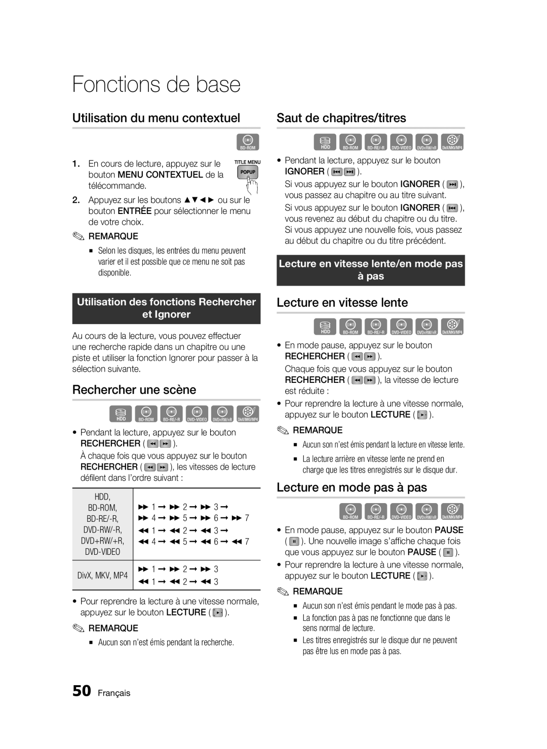 Samsung BD-C8200/XEF, BD-C8500/XEF manual Utilisation du menu contextuel, Rechercher une scène, Saut de chapitres/titres 