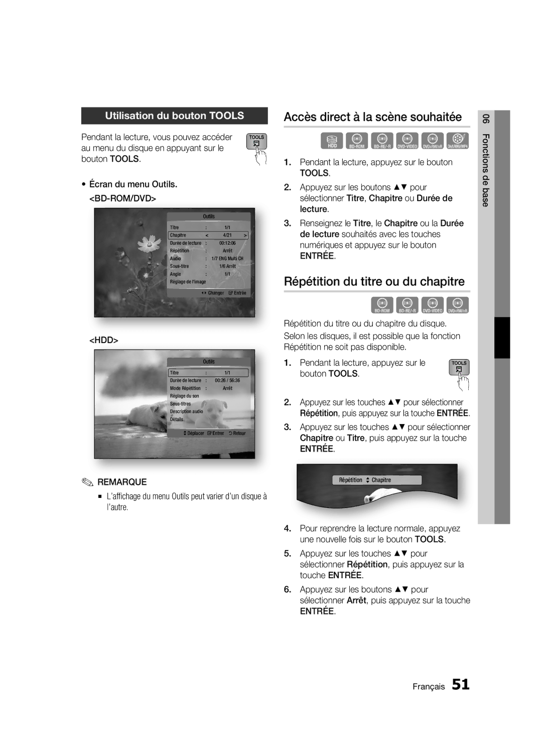 Samsung BD-C8500/XEF Accès direct à la scène souhaitée, Répétition du titre ou du chapitre, Utilisation du bouton Tools 