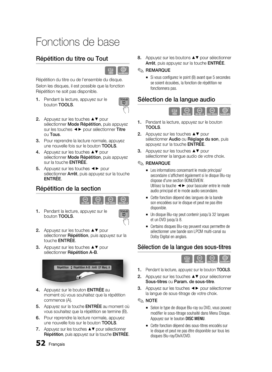 Samsung BD-C8200/XEF, BD-C8500/XEF Répétition du titre ou Tout, Répétition de la section, Sélection de la langue audio 