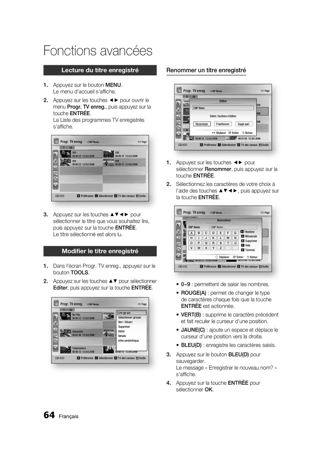 Samsung BD-C8200/XEF, BD-C8500/XEF Lecture du titre enregistré, Modifier le titre enregistré, Renommer un titre enregistré 