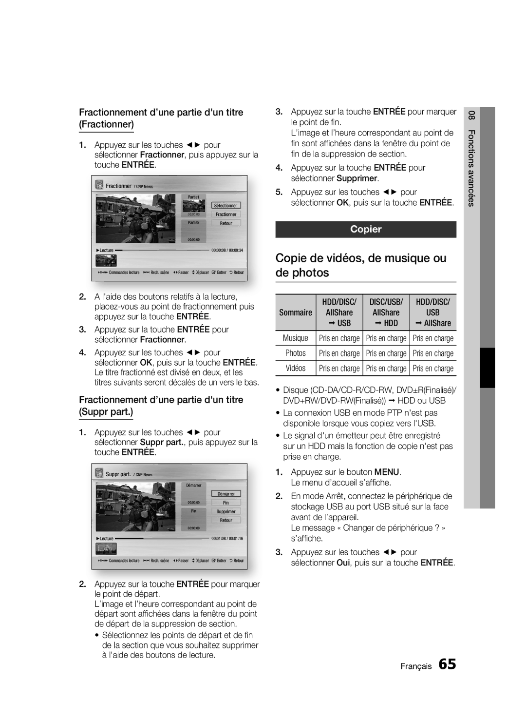 Samsung BD-C8500/XEF Copie de vidéos, de musique ou de photos, Fractionnement d’une partie dun titre Fractionner, Copier 