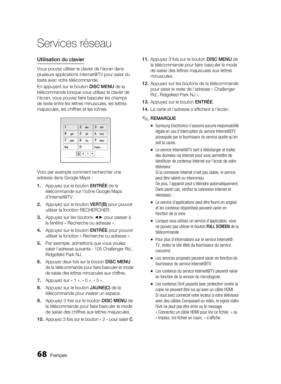 Samsung BD-C8200/XEF, BD-C8500/XEF manual Utilisation du clavier, Appuyez sur « 1 », « 0 », « 5 » 