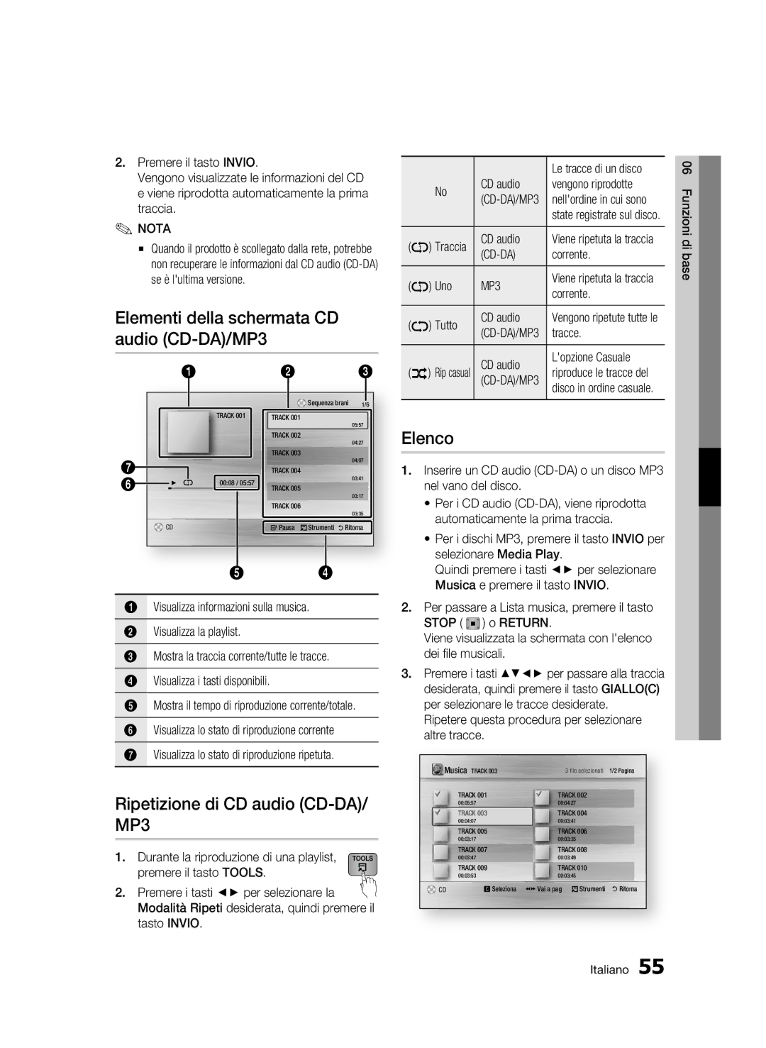 Samsung BD-C8500/EDC, BD-C8200/XEF Elementi della schermata CD audio CD-DA/MP3, Ripetizione di CD audio CD-DA/ MP3, Elenco 