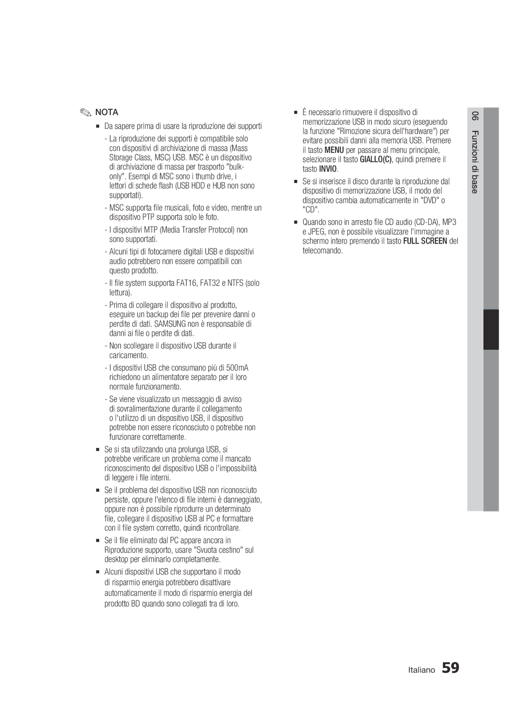 Samsung BD-C8200/XEF, BD-C8500/EDC, BD-C8500/XEF manual Dispositivi MTP Media Transfer Protocol non sono supportati 